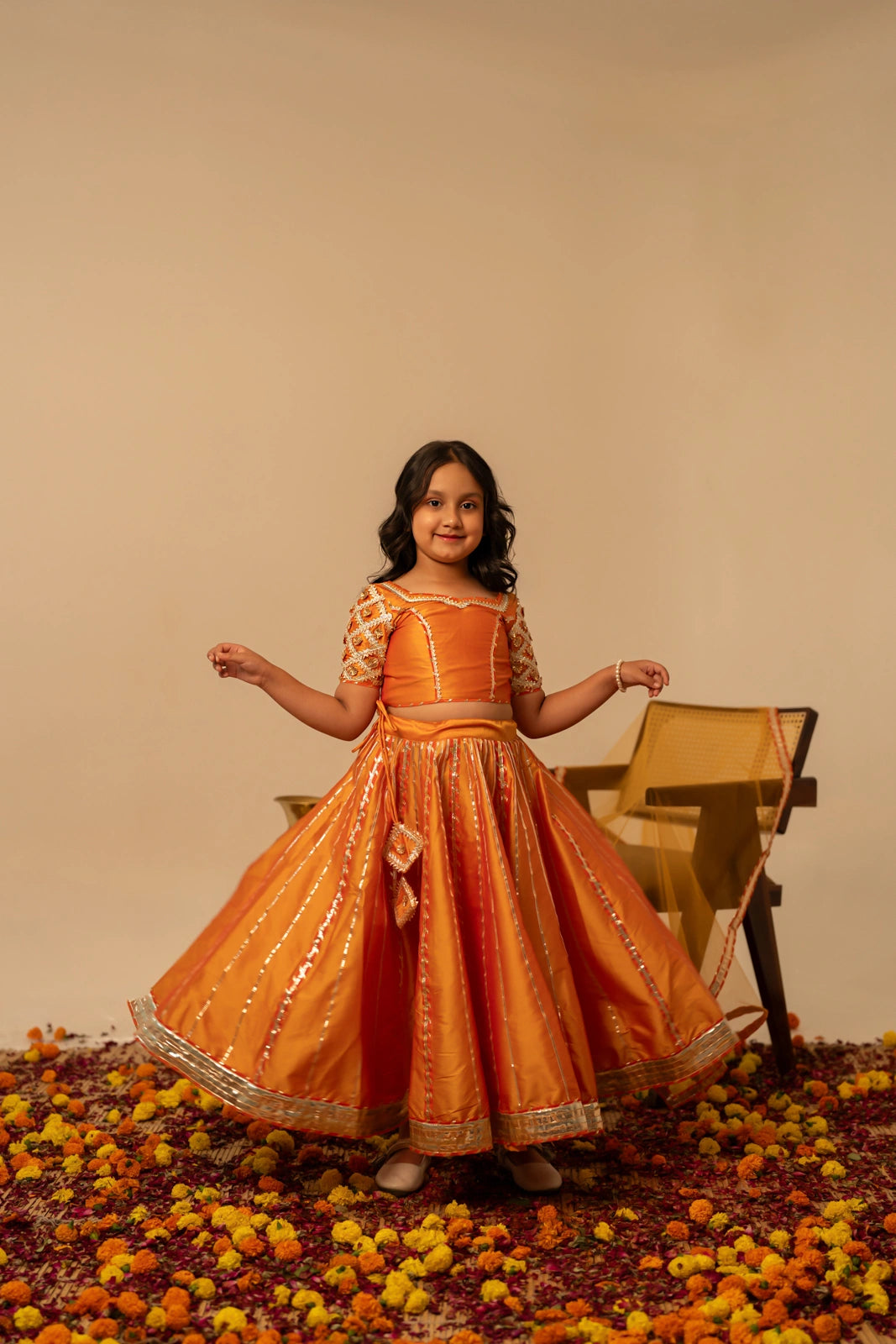 ORANGE TAFFETA GOTTA PAATI HAND WORK FAMILY OUTFIT COMBO