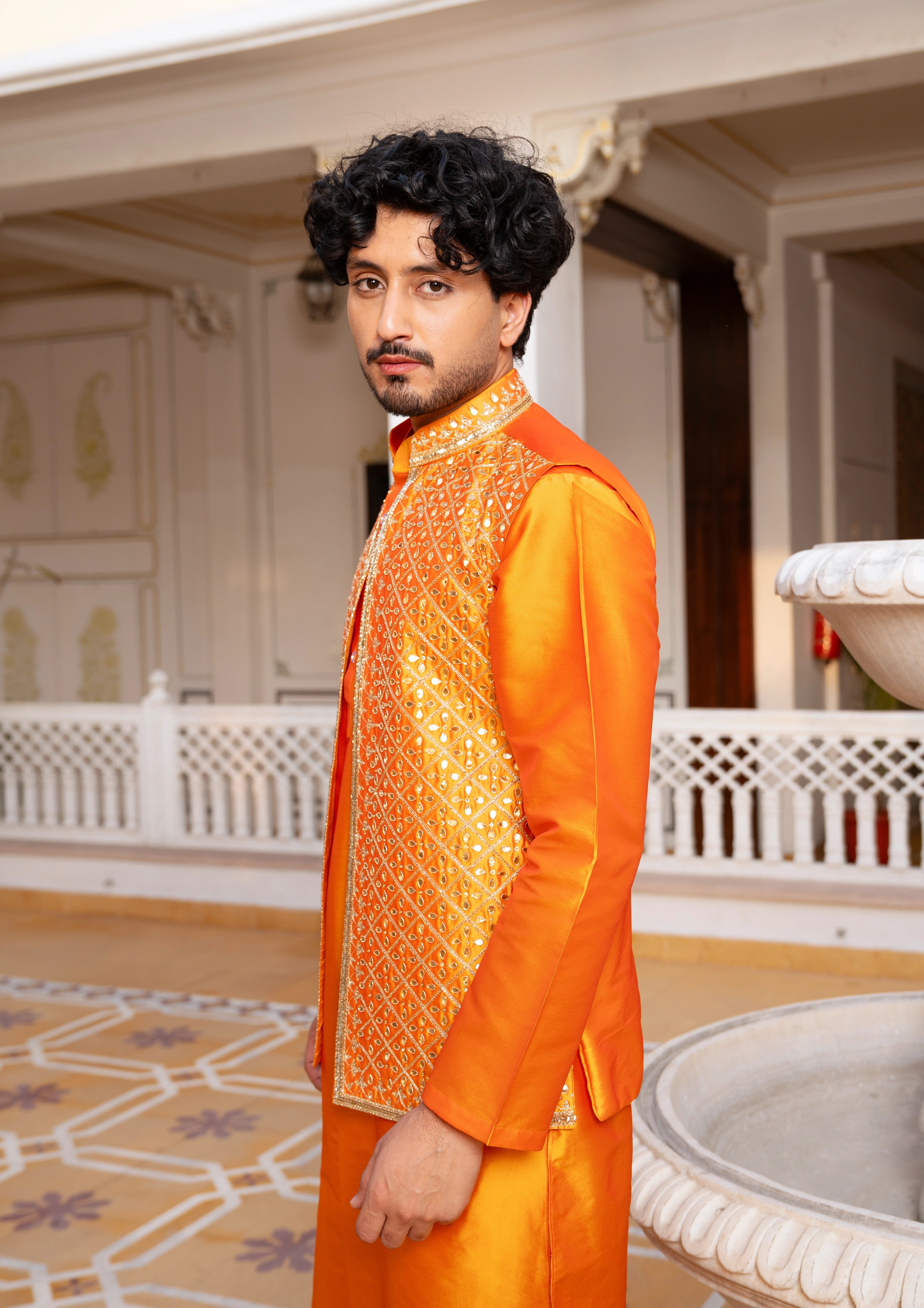 MEN'S LUXE  NARANGI  SHEESH HAND WORK JACKET WITH KURTA SET