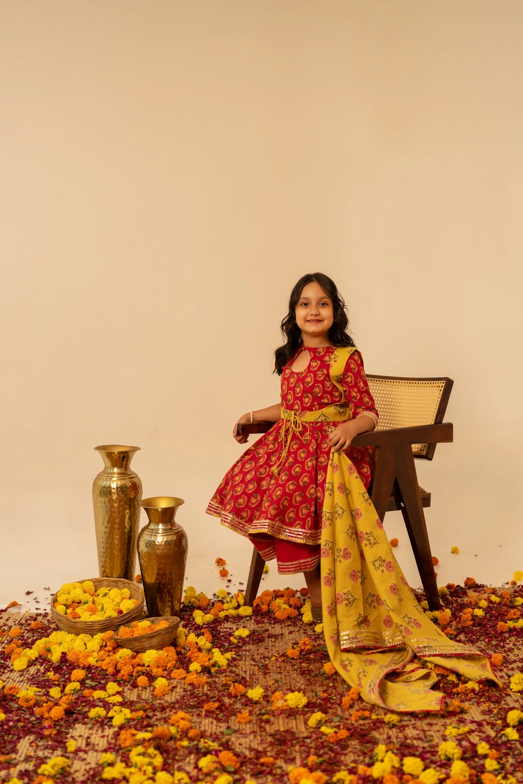 KHILKARI  BUBBLY RED COTTON HAND BLOCK ANARKALI SUIT SET