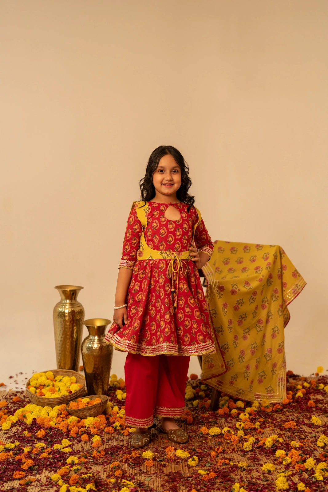 RED AND YELLOW COTTON GOTA PATTI FAMILY OUTFIT COMBO