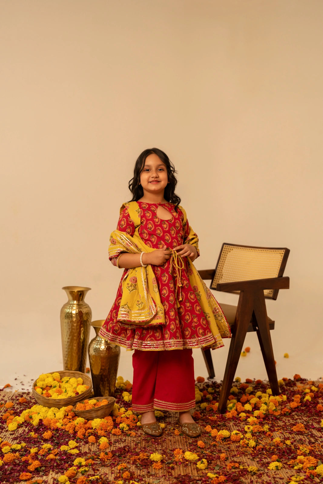 KHILKARI  BUBBLY RED COTTON HAND BLOCK ANARKALI SUIT SET