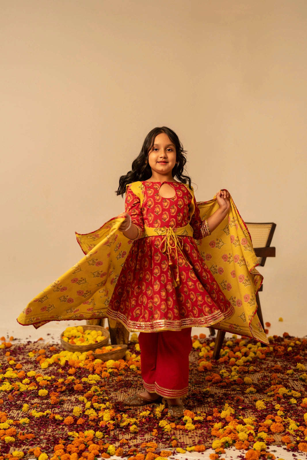 KHILKARI  BUBBLY RED COTTON HAND BLOCK ANARKALI SUIT SET