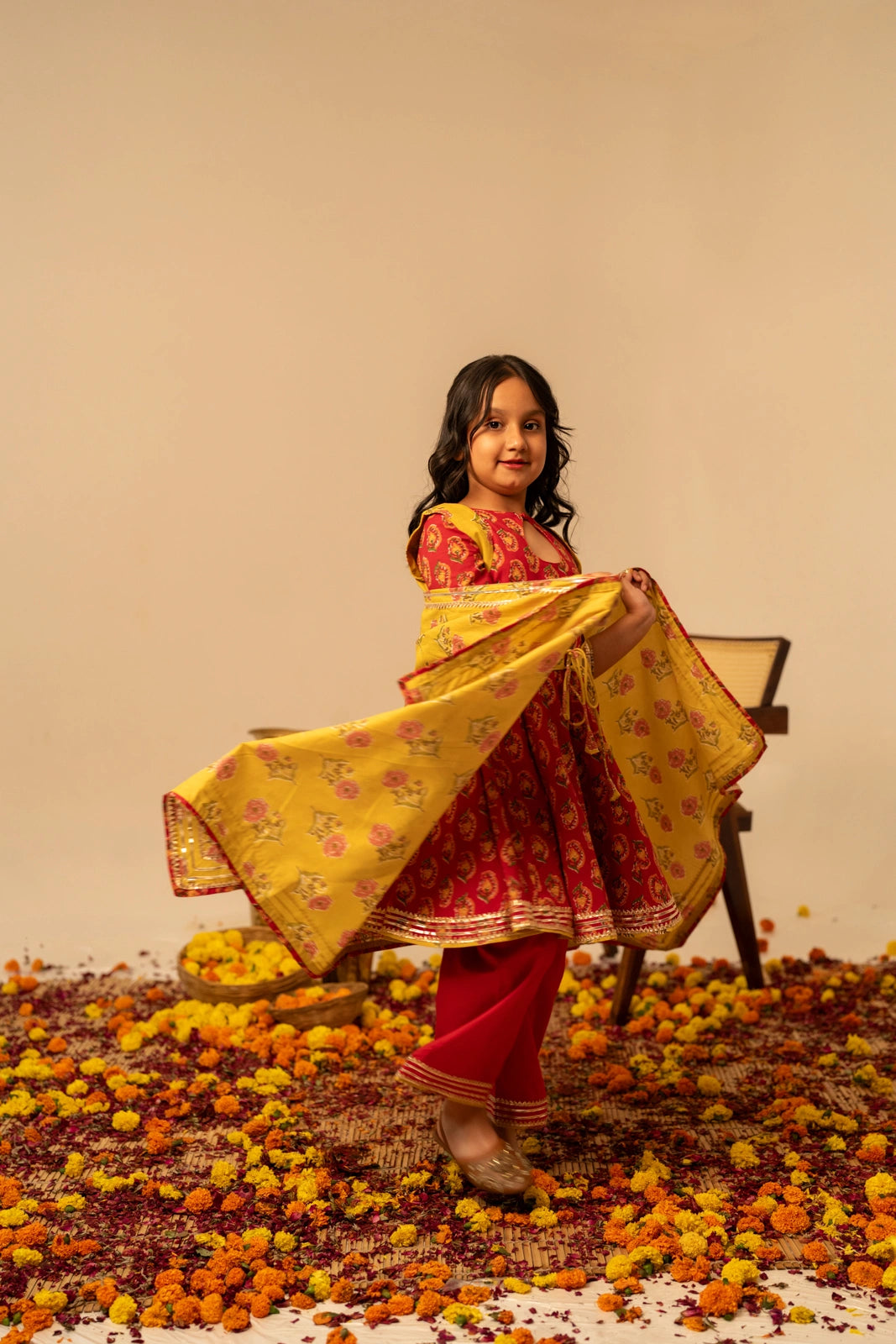 KHILKARI  BUBBLY RED COTTON HAND BLOCK ANARKALI SUIT SET