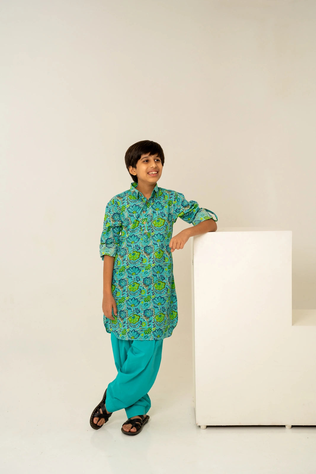 KHILKARI  THE TEAL COTTON HAND BLOCK KURTA SET