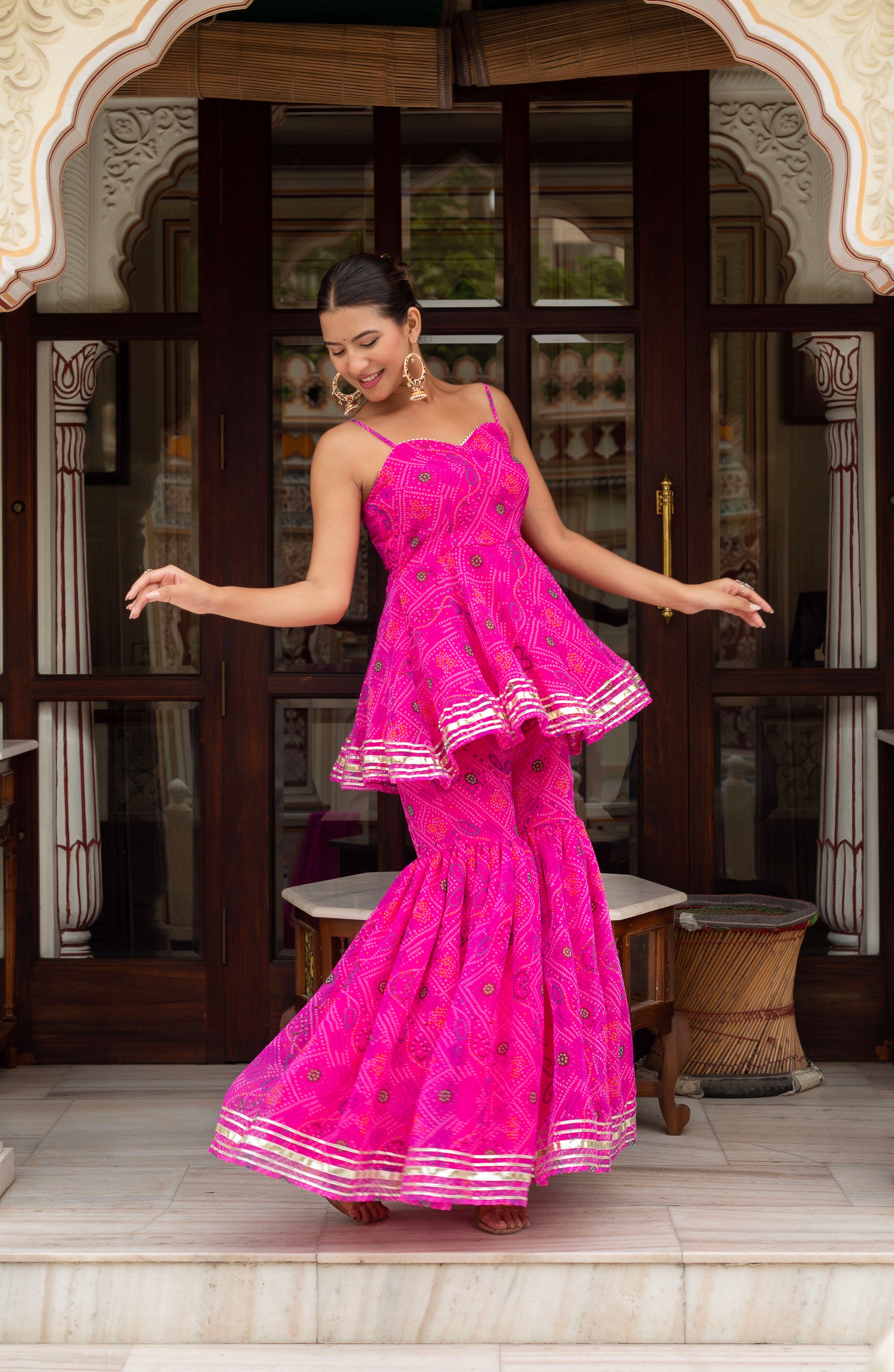 GULABI GALIYAN PINK BANDHEJ GEORGETTE SHARARA SET WITH GORGETTE DUPATTA