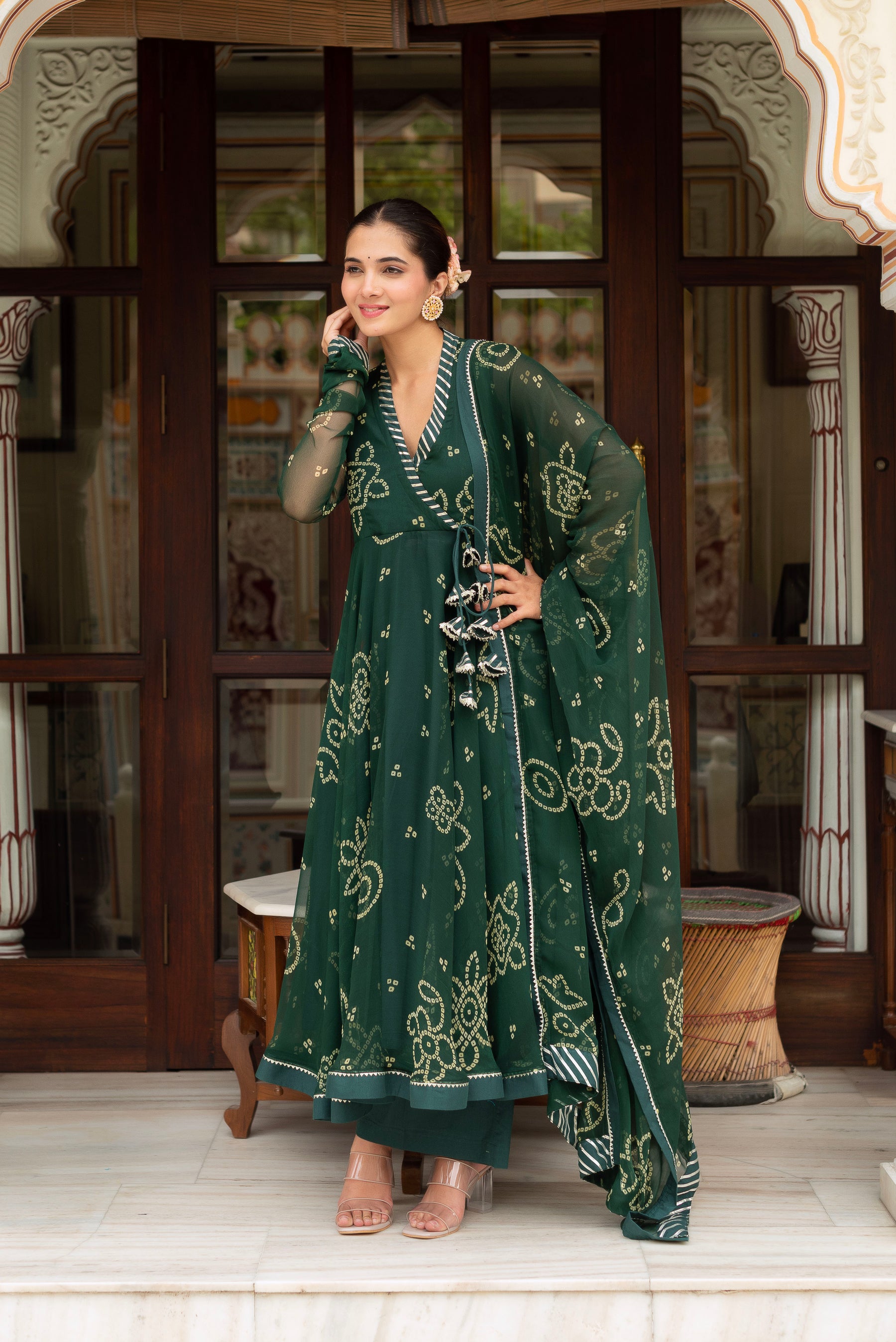 GULABI GALIYAN BOTTLE GREEN BANDHEJ GEORGETTE ANGRAKHA SET WITH GEORGETTE DUPATTA