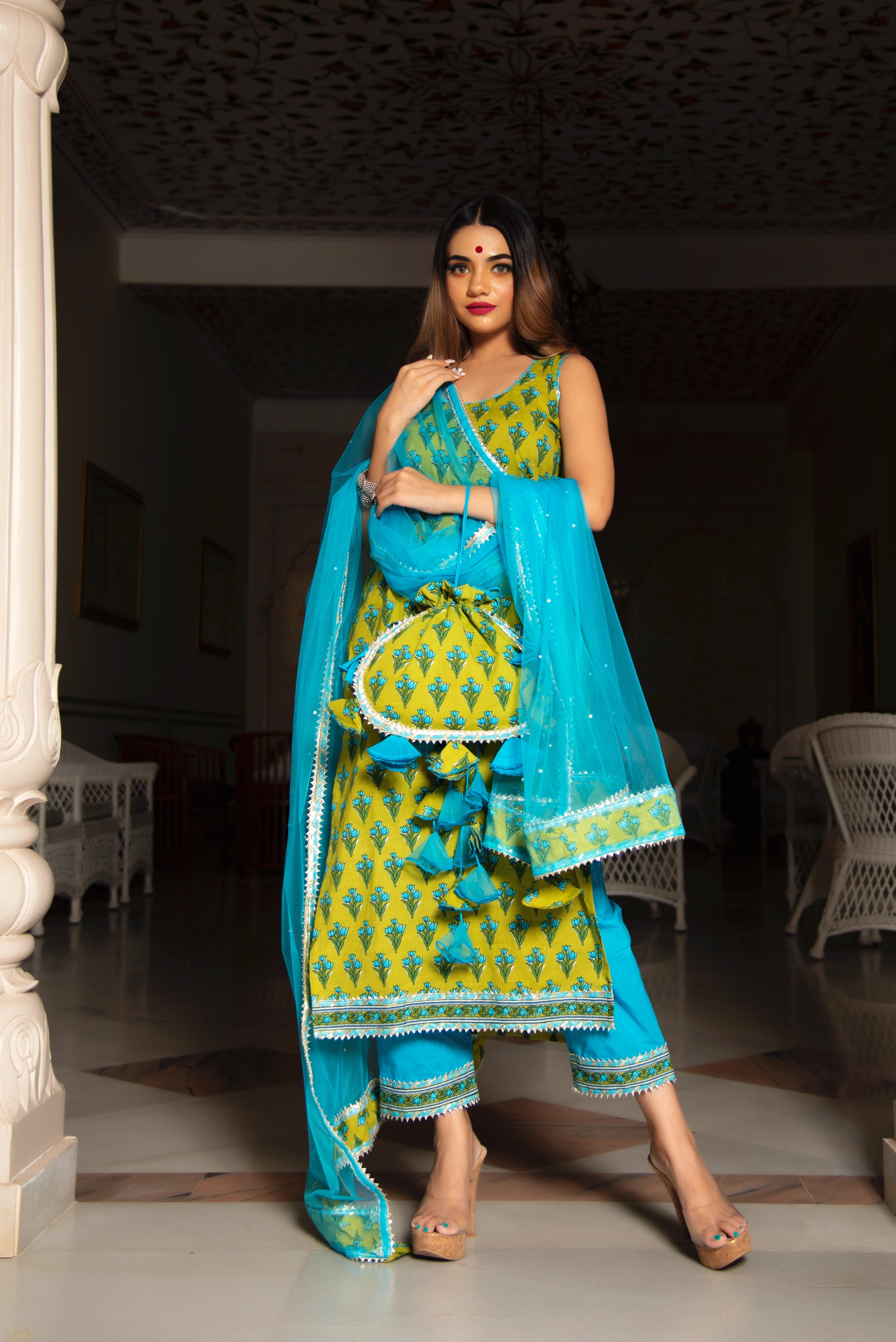GULZAR BLUE HAND BLOCK COTTON FAMILY OUTFIT COMBO