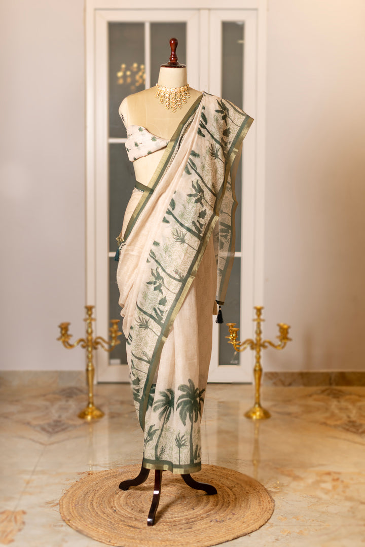SOOT RAAG IVORY PALM LINEN SAREE WITH COTTON BLOUSE PIECE