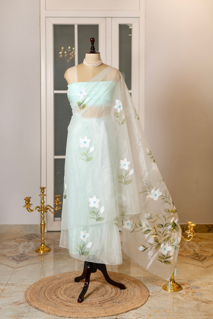 SOOT RAAG AQUA GREEN FLORAL PRINT ORGANZA SAREE WITH ORGANZA BLOUSE PIECE