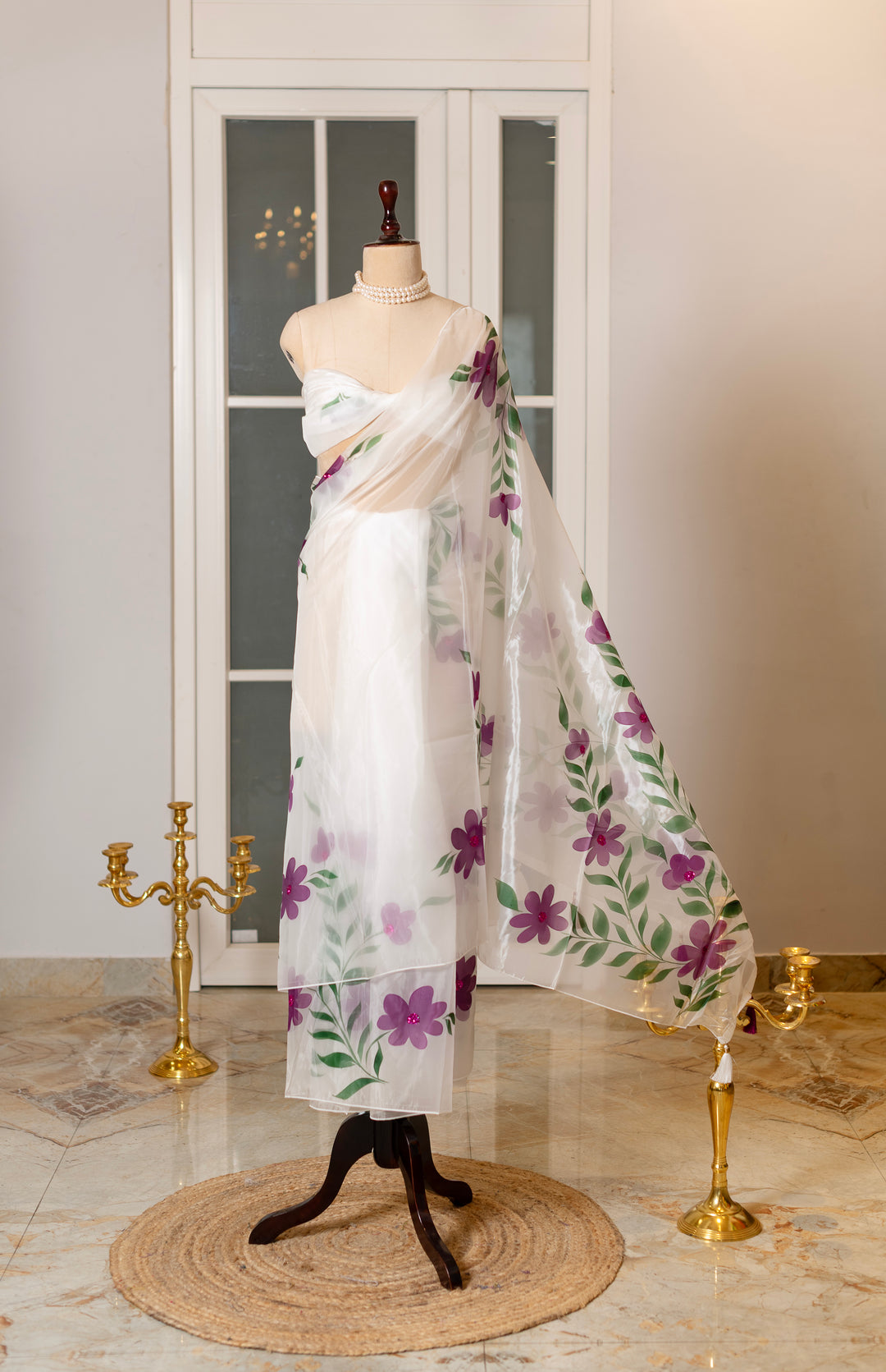 SOOT RAAG SAFED ORGANZA PURPLE FLORAL PRINT SAREE WITH ORGANZA BLOUSE PIECE