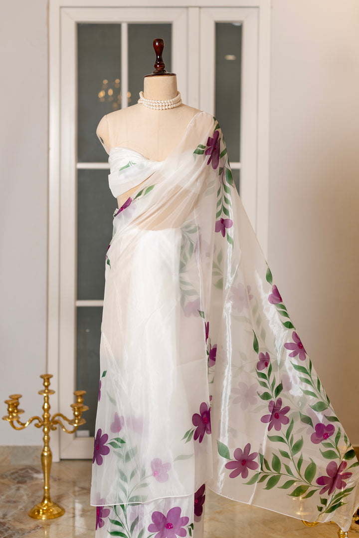 SOOT RAAG SAFED ORGANZA PURPLE FLORAL PRINT SAREE WITH ORGANZA BLOUSE PIECE