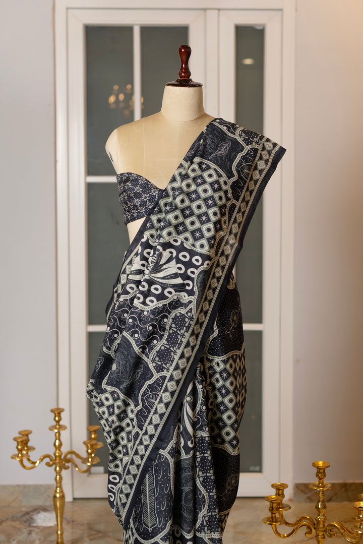SOOT RAAG INDIGO BLUE MULCOTTON SAREE WITH  BLOUSE PIECE
