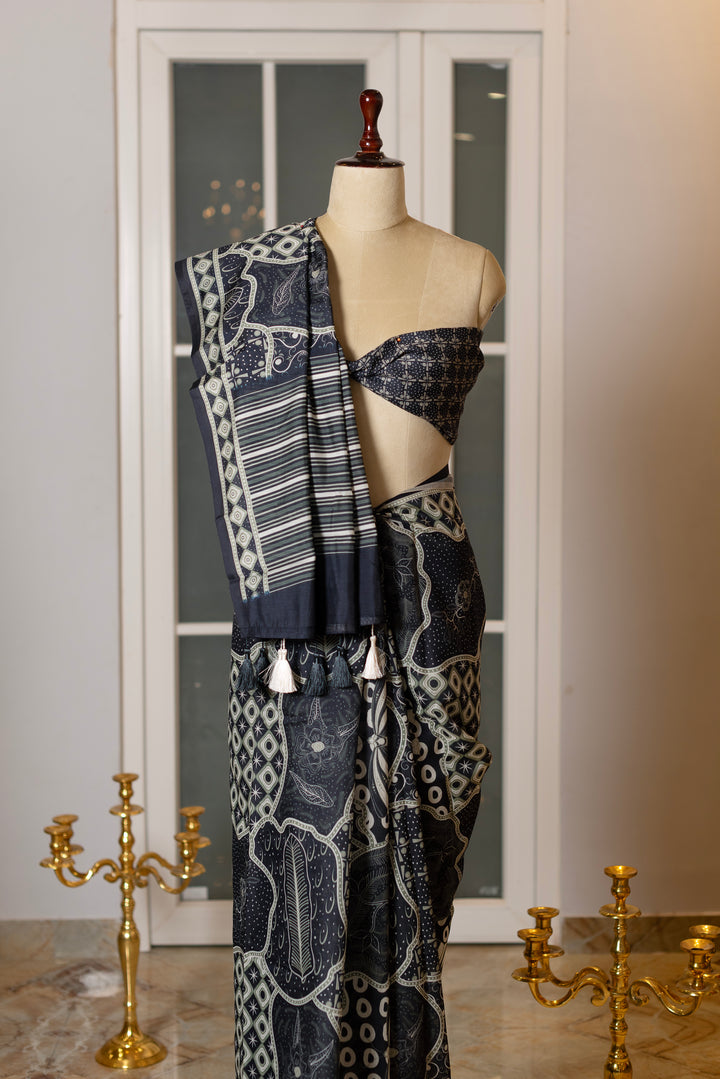 SOOT RAAG INDIGO BLUE MULCOTTON SAREE WITH  BLOUSE PIECE