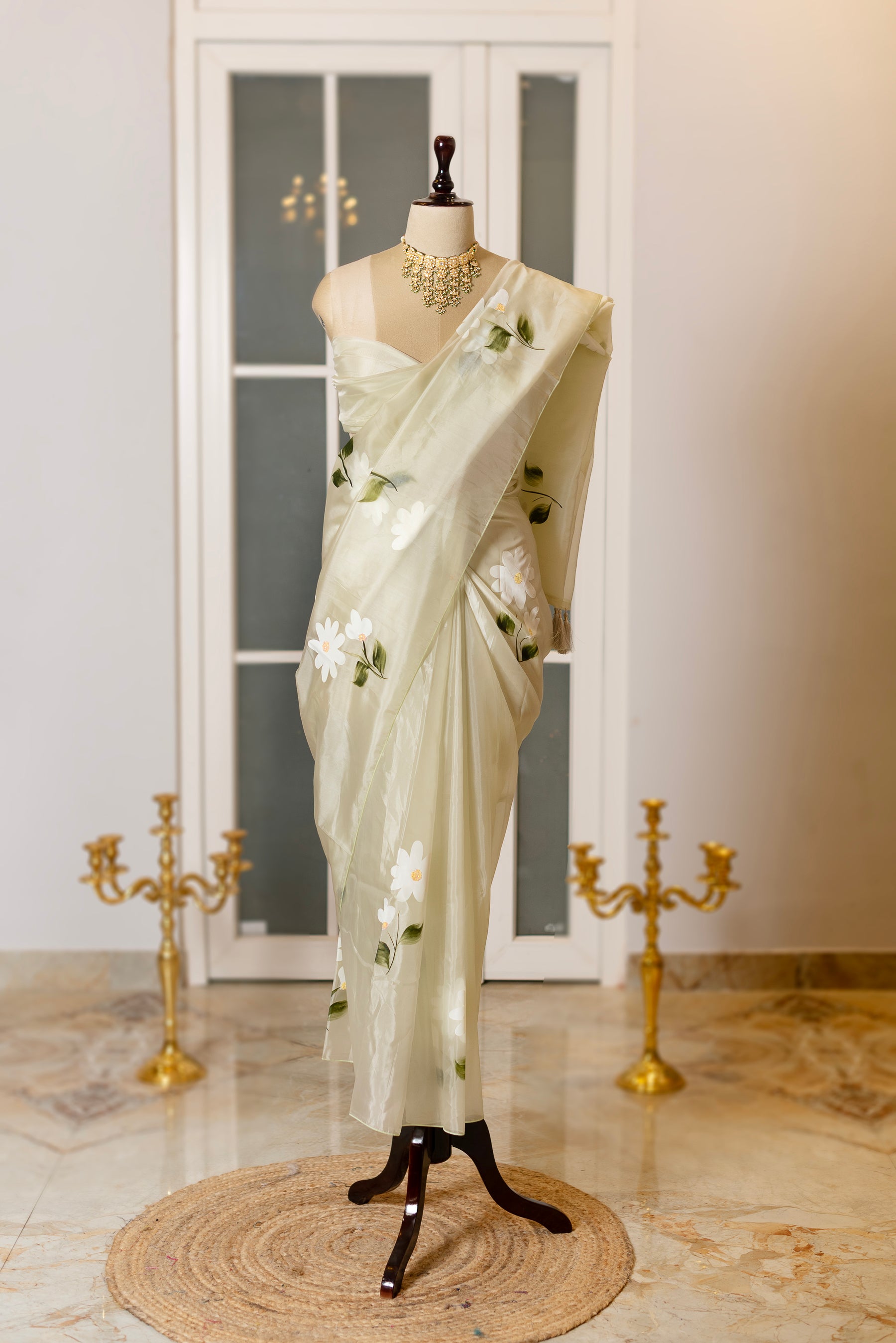 SOOT RAAG PISTAL GREEN ORGANZA FLORAL PAINTED SAREE WITH  BLOUSE PIECE