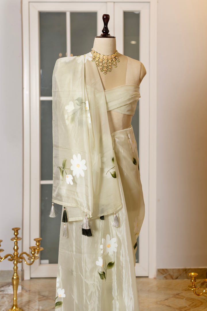 SOOT RAAG PISTAL GREEN ORGANZA FLORAL PAINTED SAREE WITH  BLOUSE PIECE