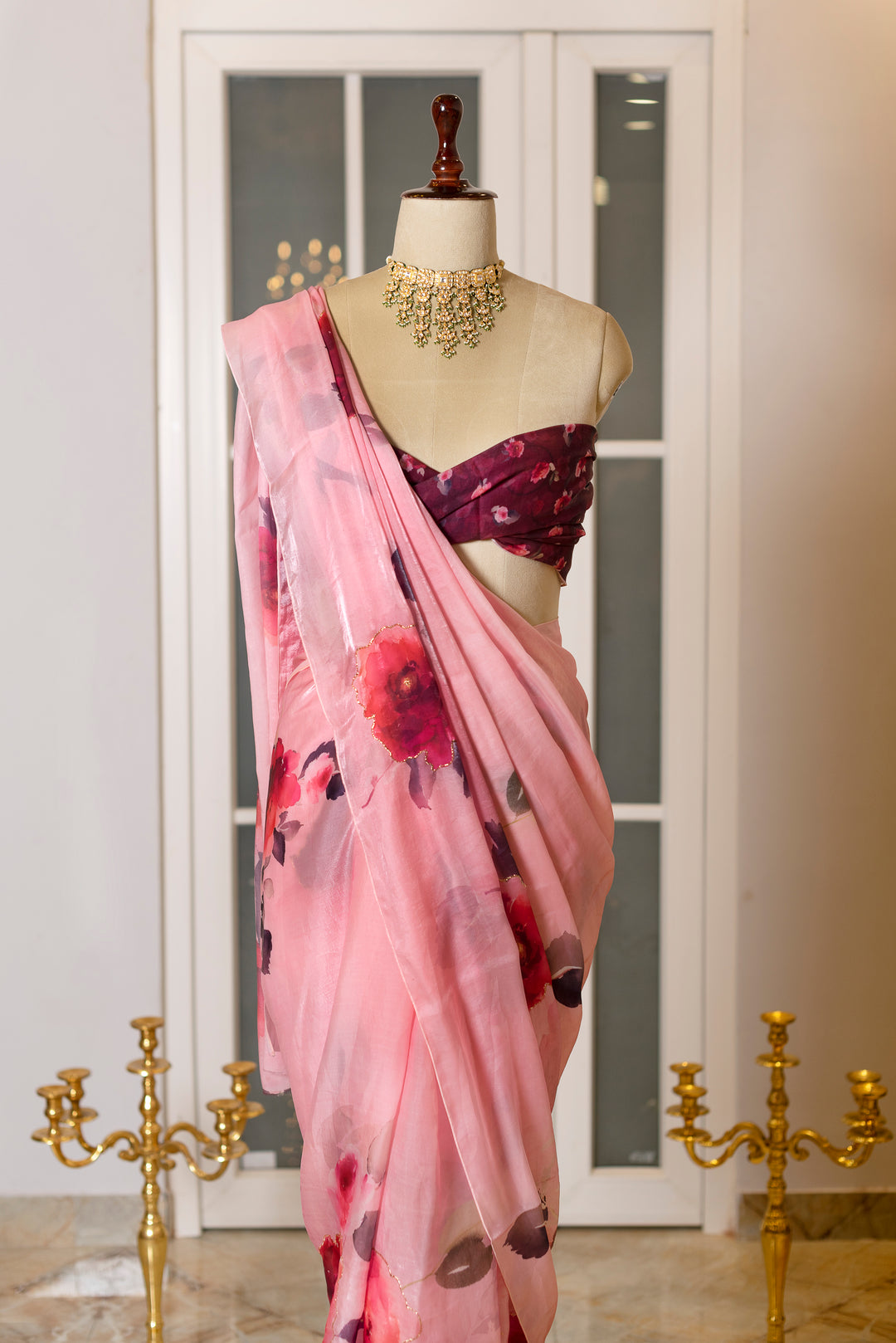 SOOT RAAG BLUSH PINK FLORAL PRINT SATIN SILK SAREE  BLOUSE PIECE