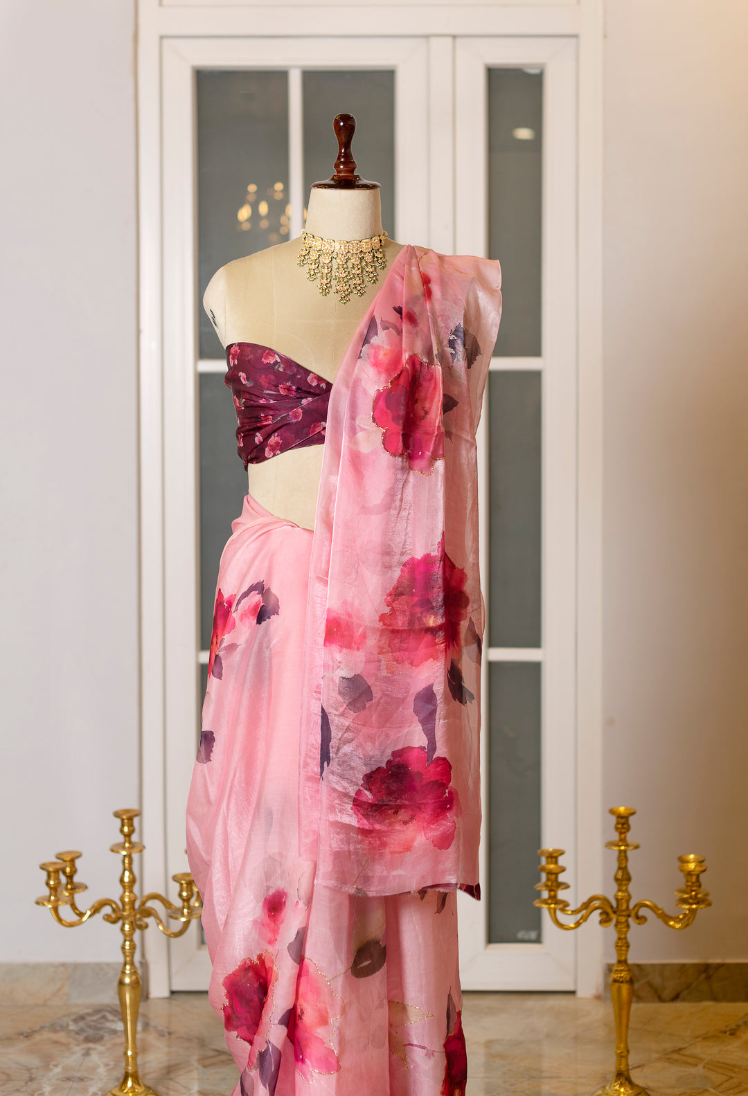 SOOT RAAG BLUSH PINK FLORAL PRINT SATIN SILK SAREE  BLOUSE PIECE