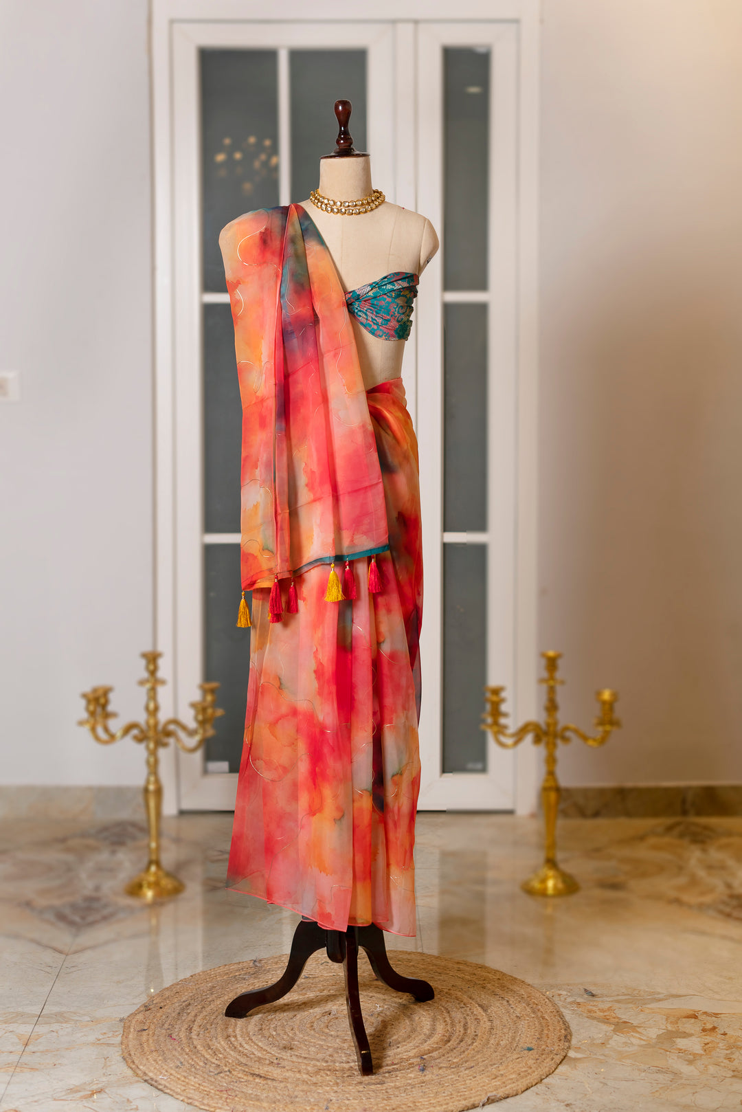 SOOT RAAG CRIMSON ORANGE FLAME ORGANZA SAREE WITH BLUE ORGANZA BLOUSE PIECE