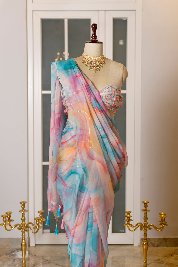 SOOT RAAG ORGANZA UNICORN SHADE SAREE  WITH ORGANZA BLOUSE PIECE