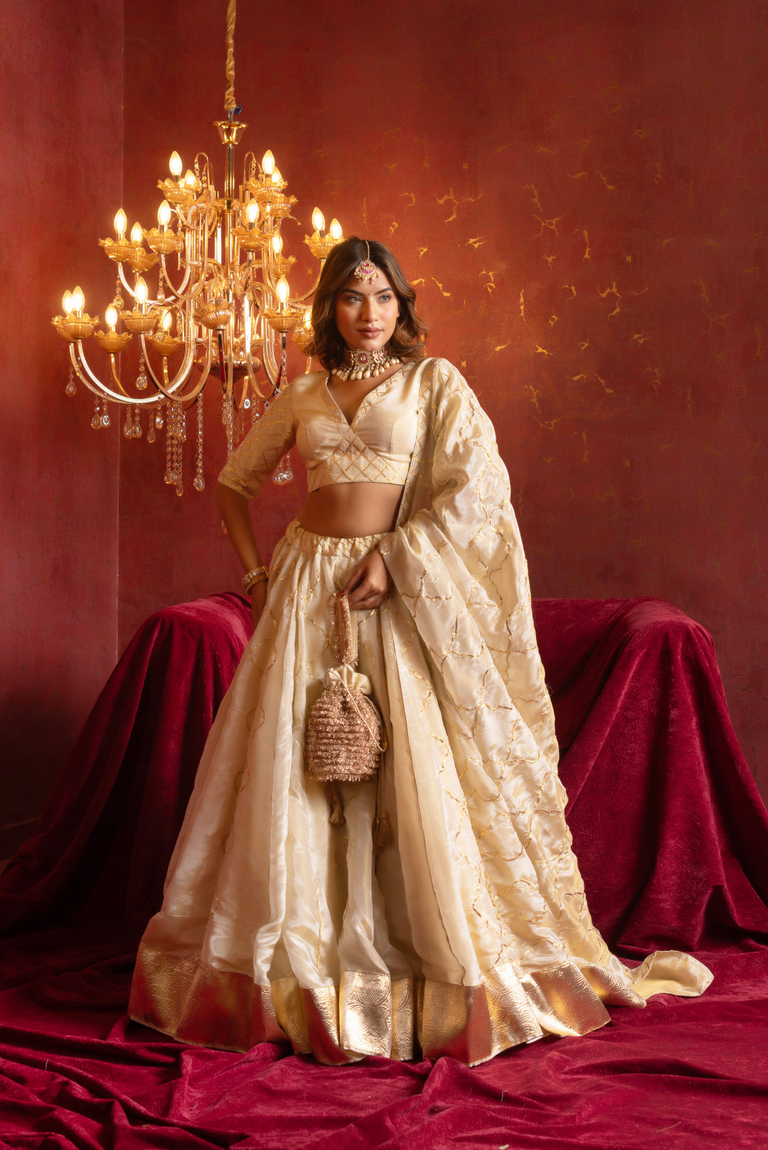 GULFIZAN IVORY COSMO SILK GOTA-PATTI LEHENGA SET WITH COSMO SILK DUPATTA
