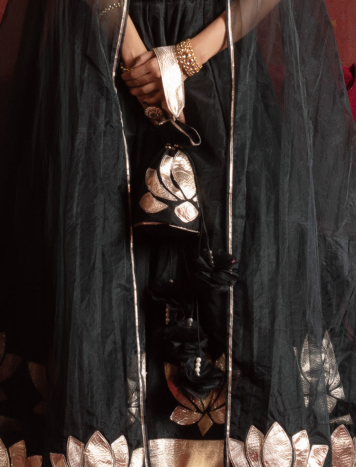 GULFIZAN BLACK GOLD MASTANI ORGANZA KALIDAR ANARKALI SUIT SET  WITH ORGANZA DUPATTA