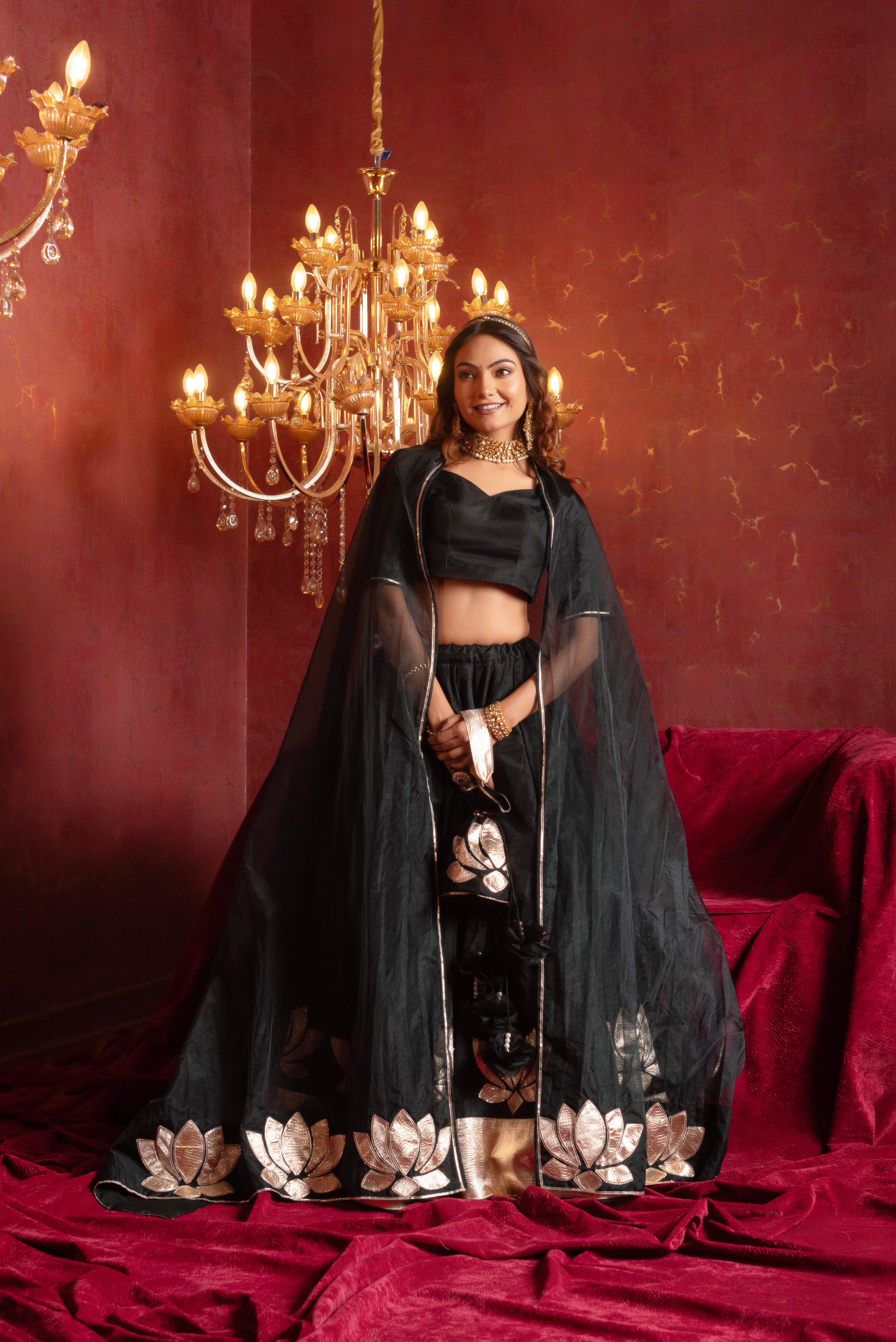 GULFIZAN PATAKA BLACK KAMAL GOTA PATTI ORGANZA LEHENGA SETS WITH ORGANZA DUPATTA