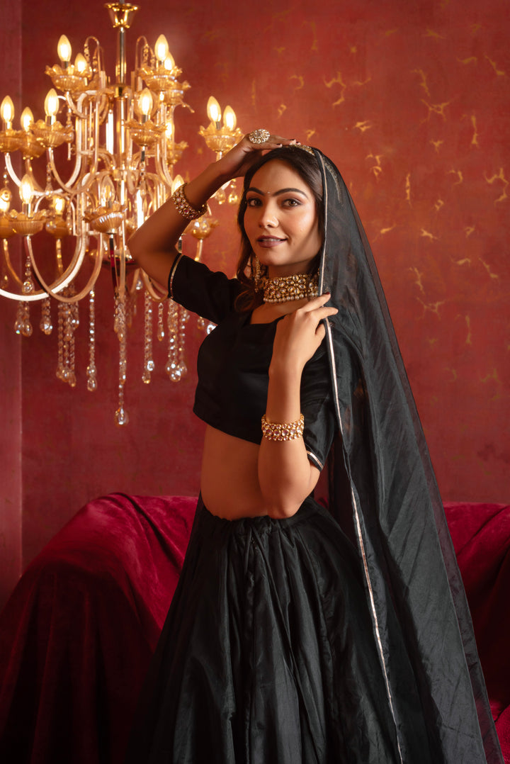 GULFIZAN PATAKA BLACK KAMAL GOTA PATTI ORGANZA LEHENGA SETS WITH ORGANZA DUPATTA