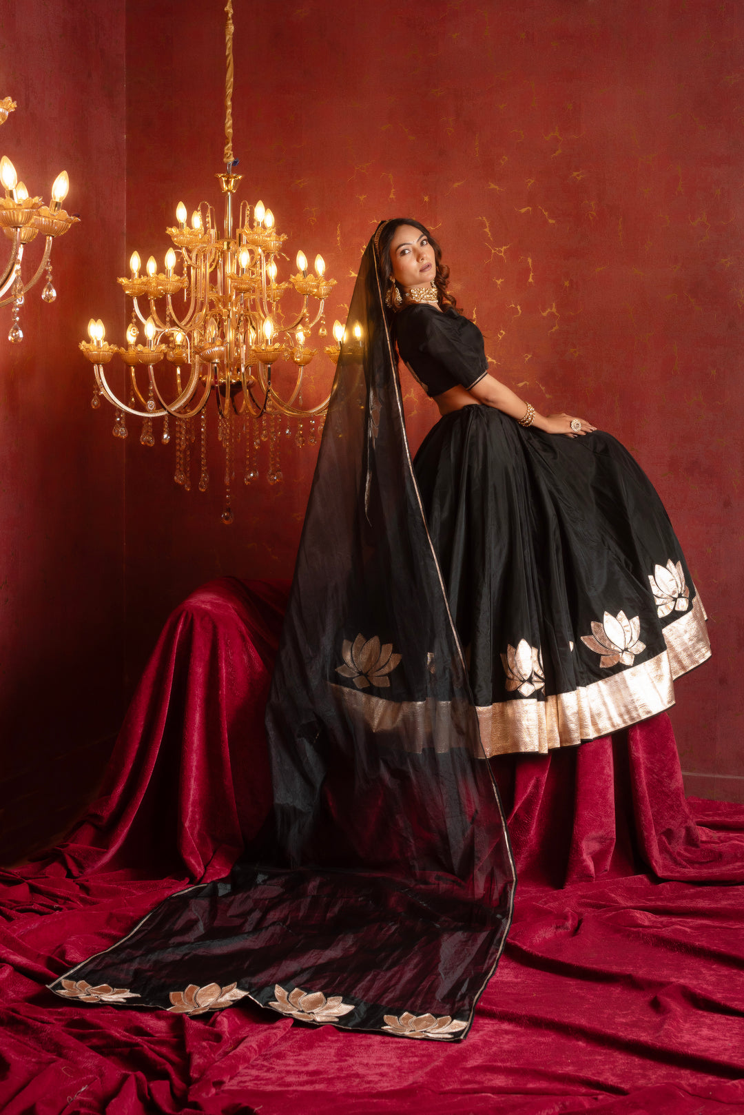 GULFIZAN PATAKA BLACK KAMAL GOTA PATTI ORGANZA LEHENGA SETS WITH ORGANZA DUPATTA