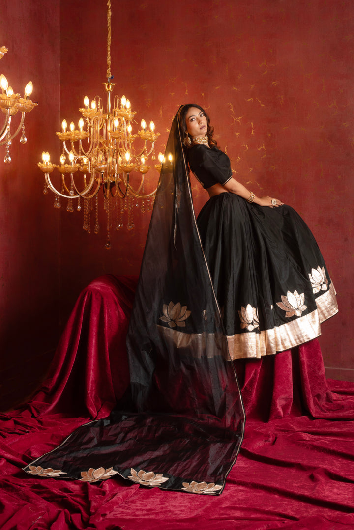 GULFIZAN PATAKA BLACK KAMAL GOTA PATTI ORGANZA LEHENGA SETS WITH ORGANZA DUPATTA
