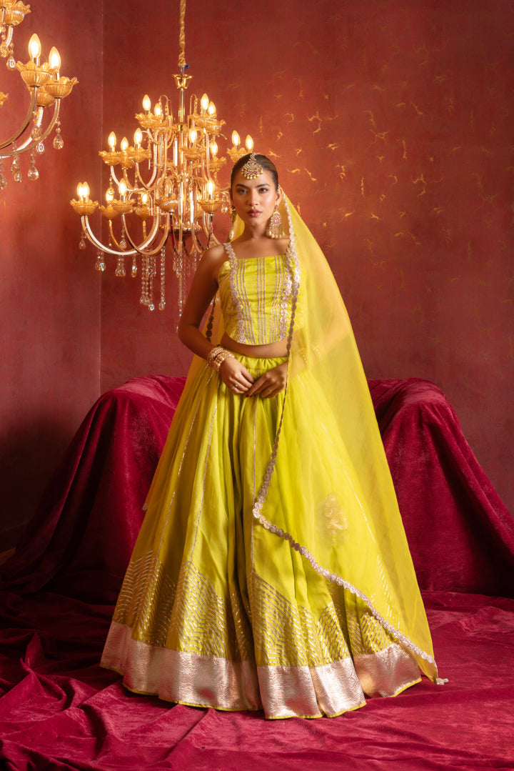 GULFIZAN CHAMKEELA LIME GOTA PATTI ORGANZA LEHENGA SET WITH ORGANZA DUPATTA