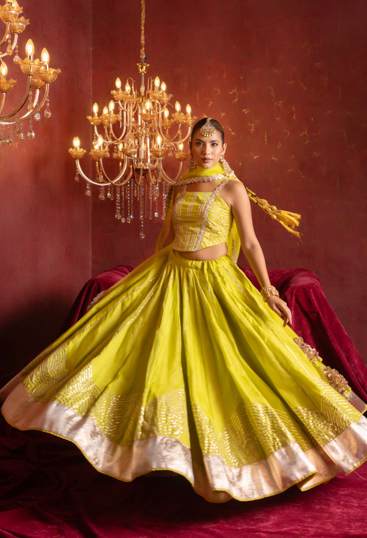 GULFIZAN CHAMKEELA LIME GOTA PATTI ORGANZA LEHENGA SET WITH ORGANZA DUPATTA