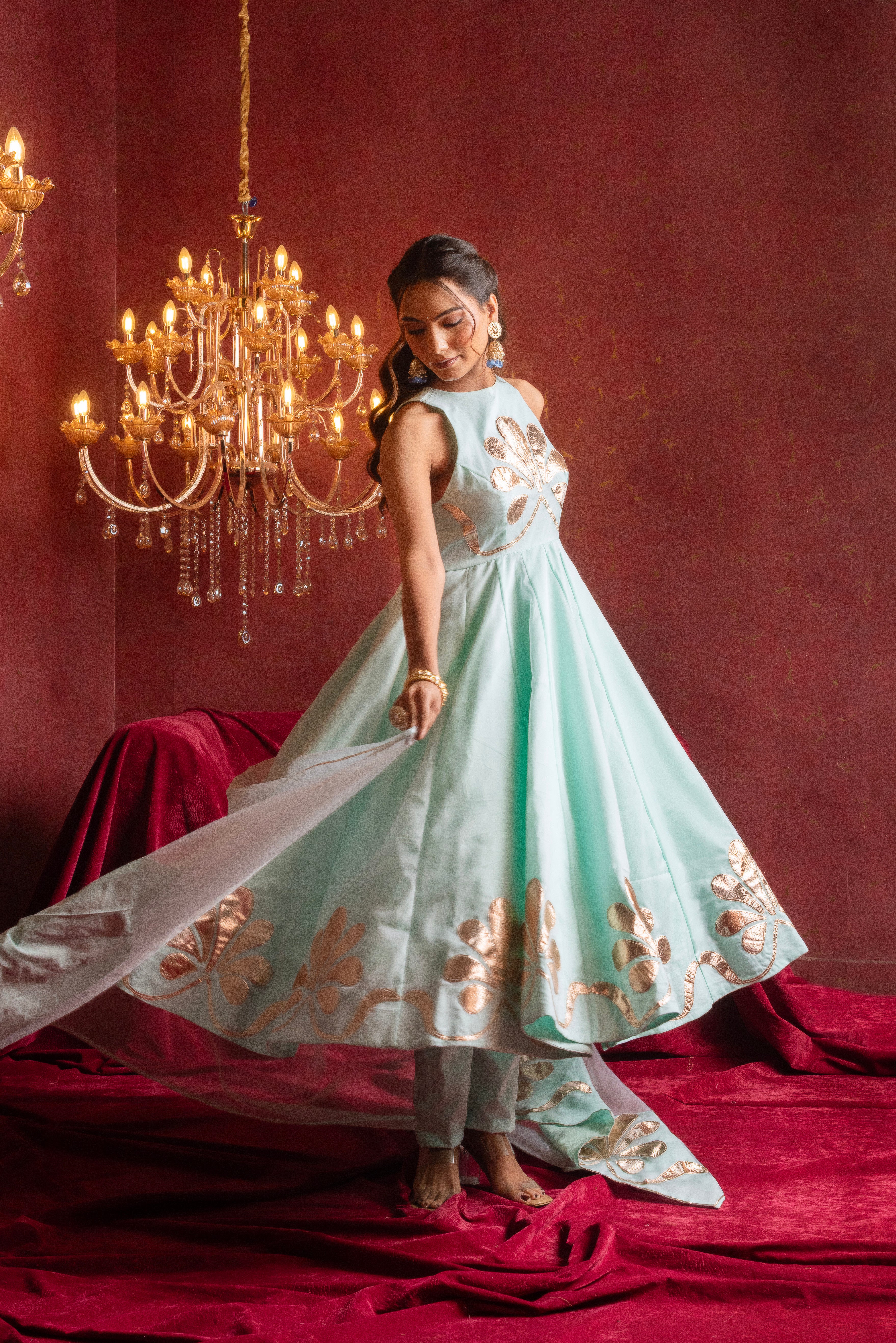 GULFIZAN AQUA BLUE ORGANZA GOTTA PATI ANARKALI SUIT SETS WITH ORGANZA DUPATTA