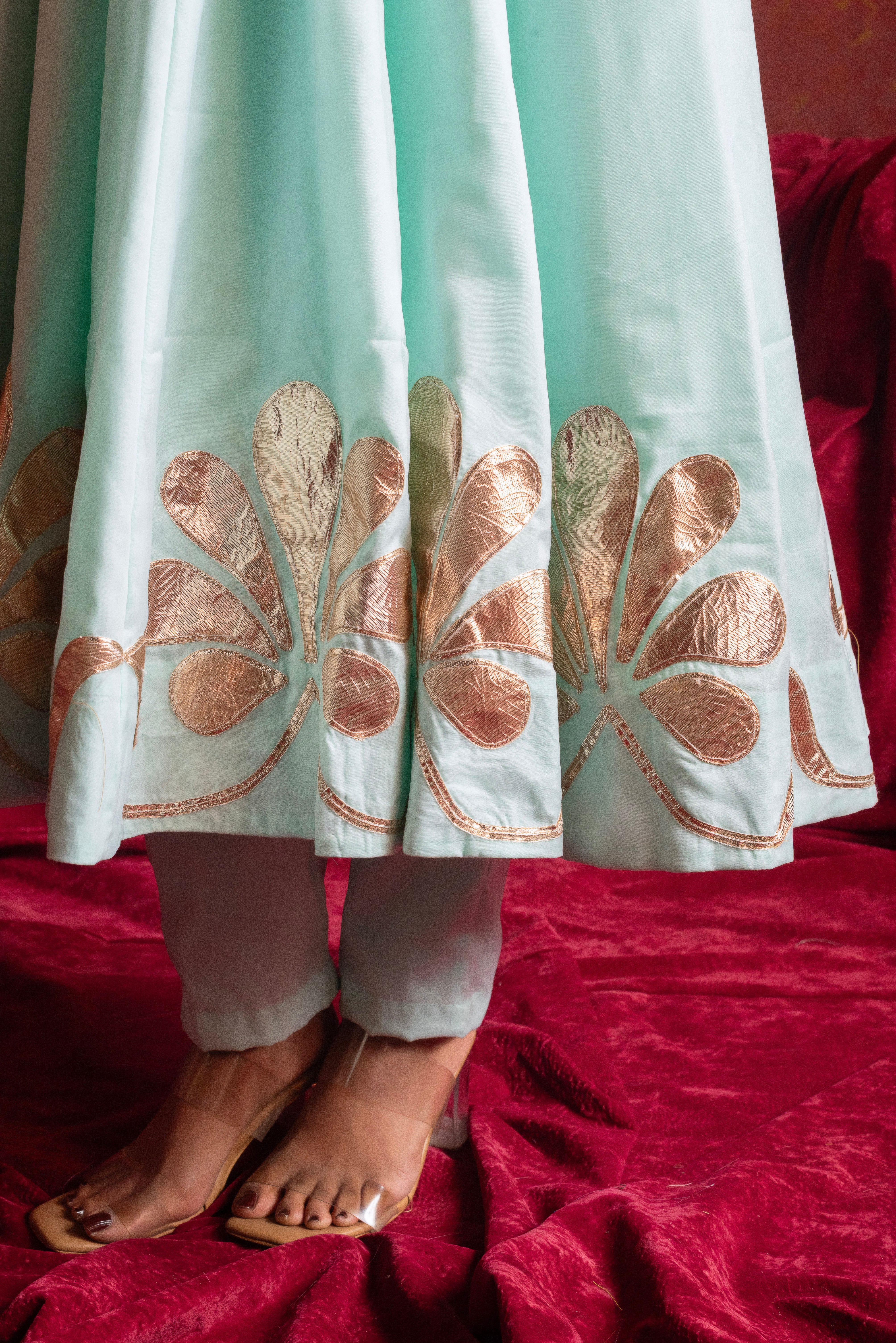 GULFIZAN AQUA BLUE ORGANZA GOTTA PATI ANARKALI SUIT SETS WITH ORGANZA DUPATTA