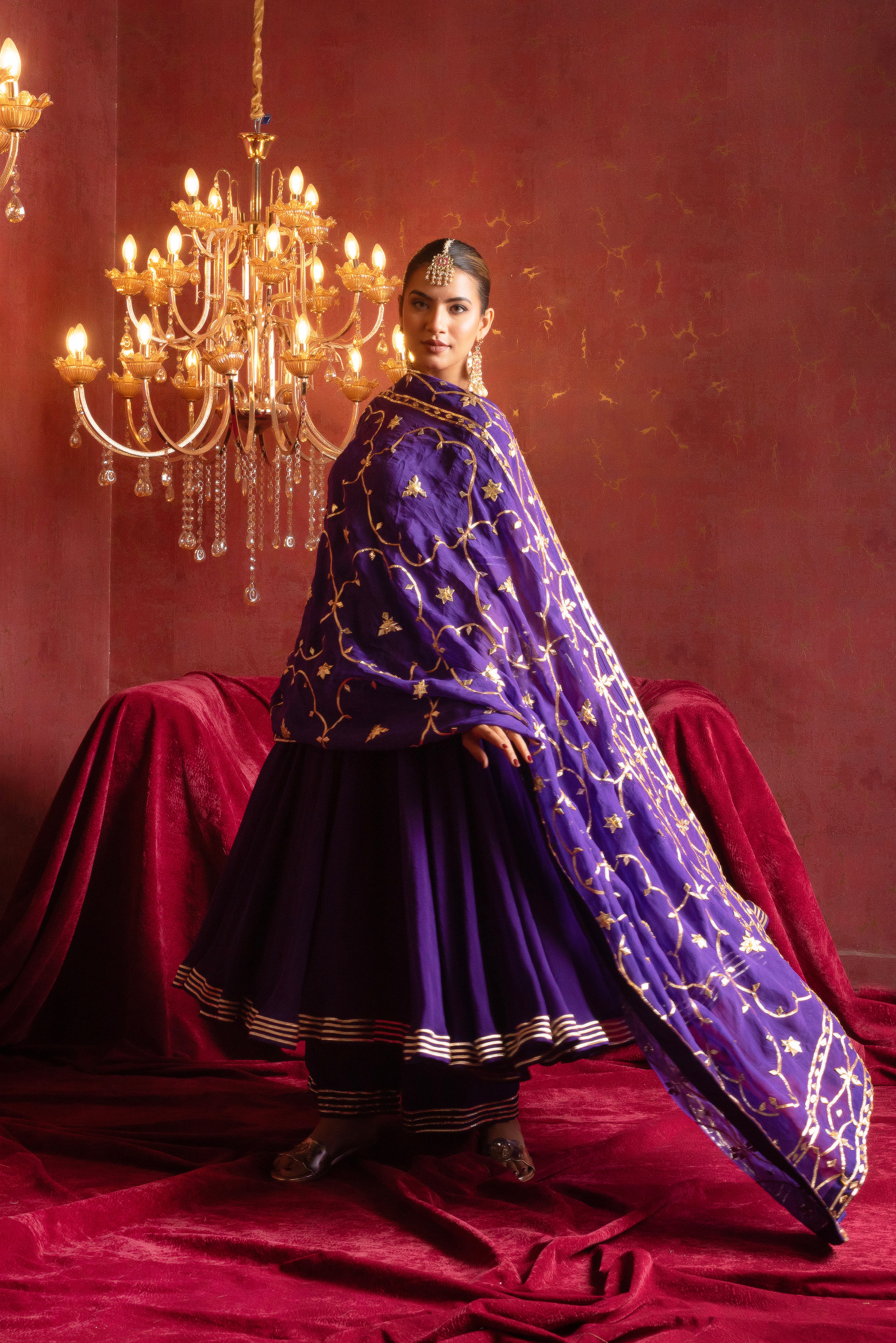 GULFIZAN  BAINGANI RADIANT ORGANZA ANARKALI SETS WITH HEAVY GOTA WORK DUPATTA