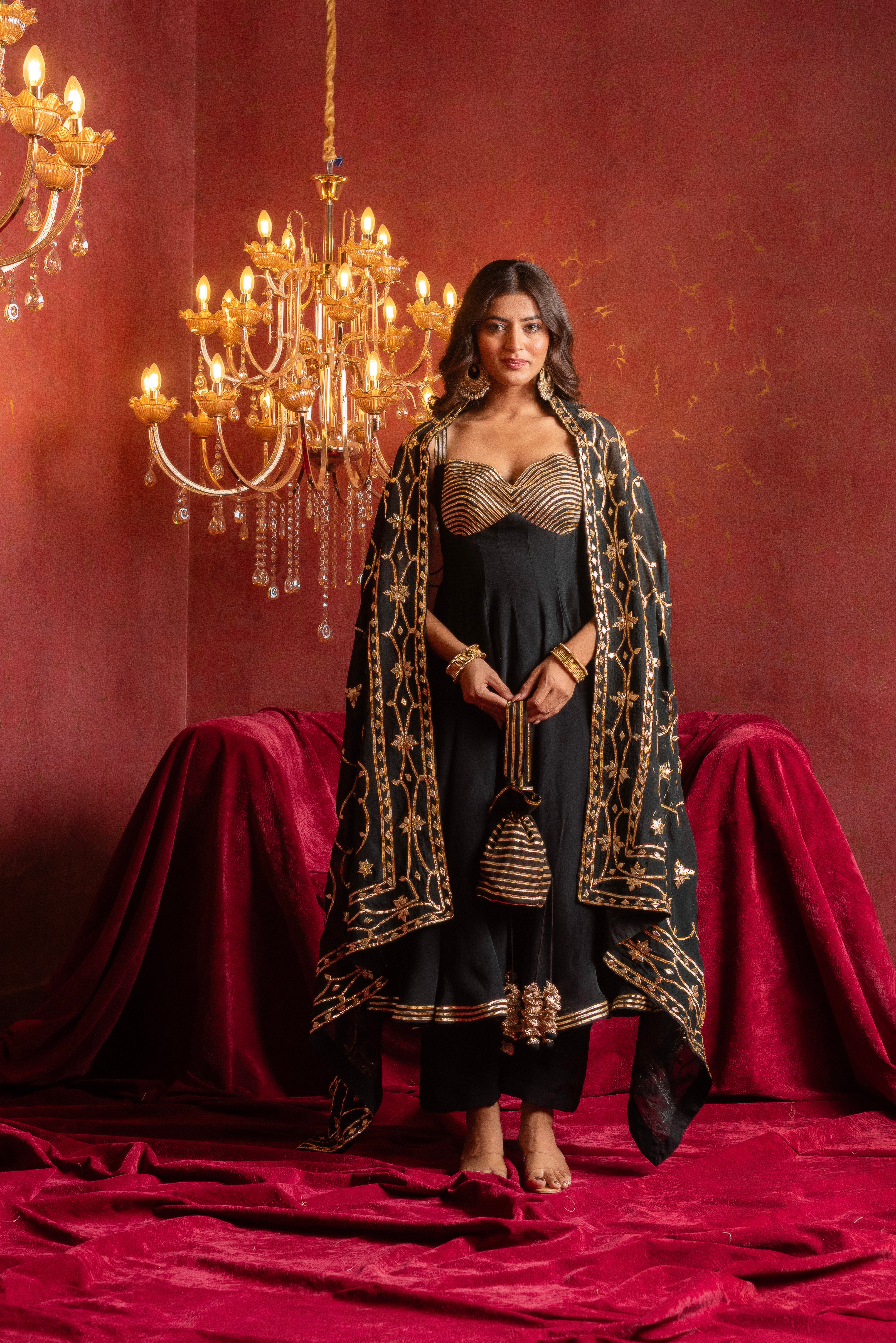 GULFIZAN BLACK BUSTIER NAKHRA ORGANZA ANARKALI SUIT SET WITH HEAVY GOTA PATIWORK DUPATTA