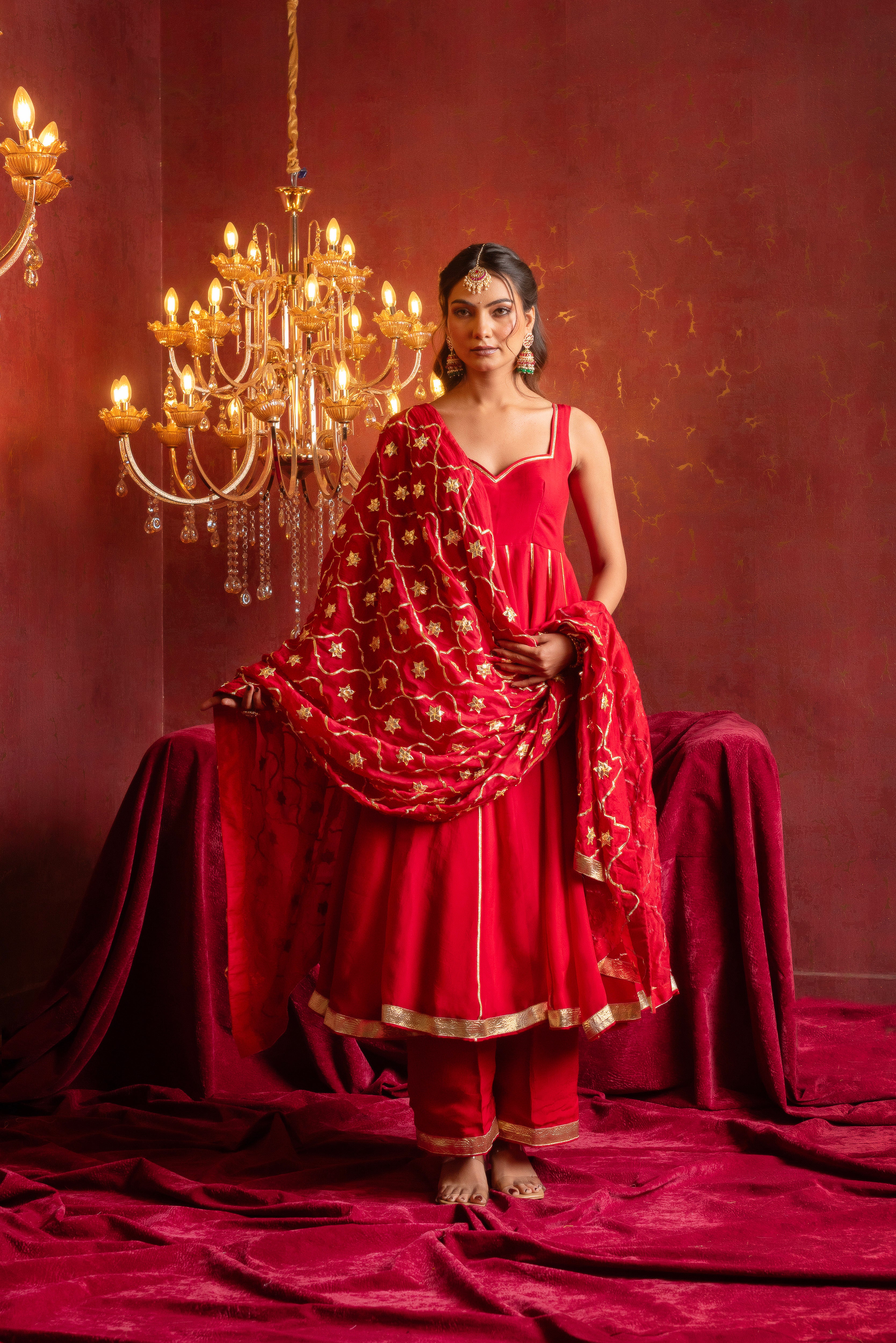 GULFIZAN CHATAK LAAL ORGANZA ANARKALI SET WITH HEAVY GOTA PATTI WORK ORGANZADUPATTA