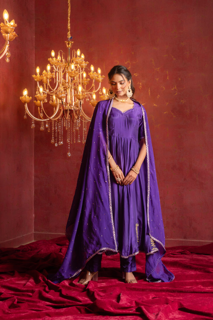 GULFIZAN SHAHI JAMUNI HAND WORK  SILK ANARKALI SET WITH ORGANZA DUPATTA