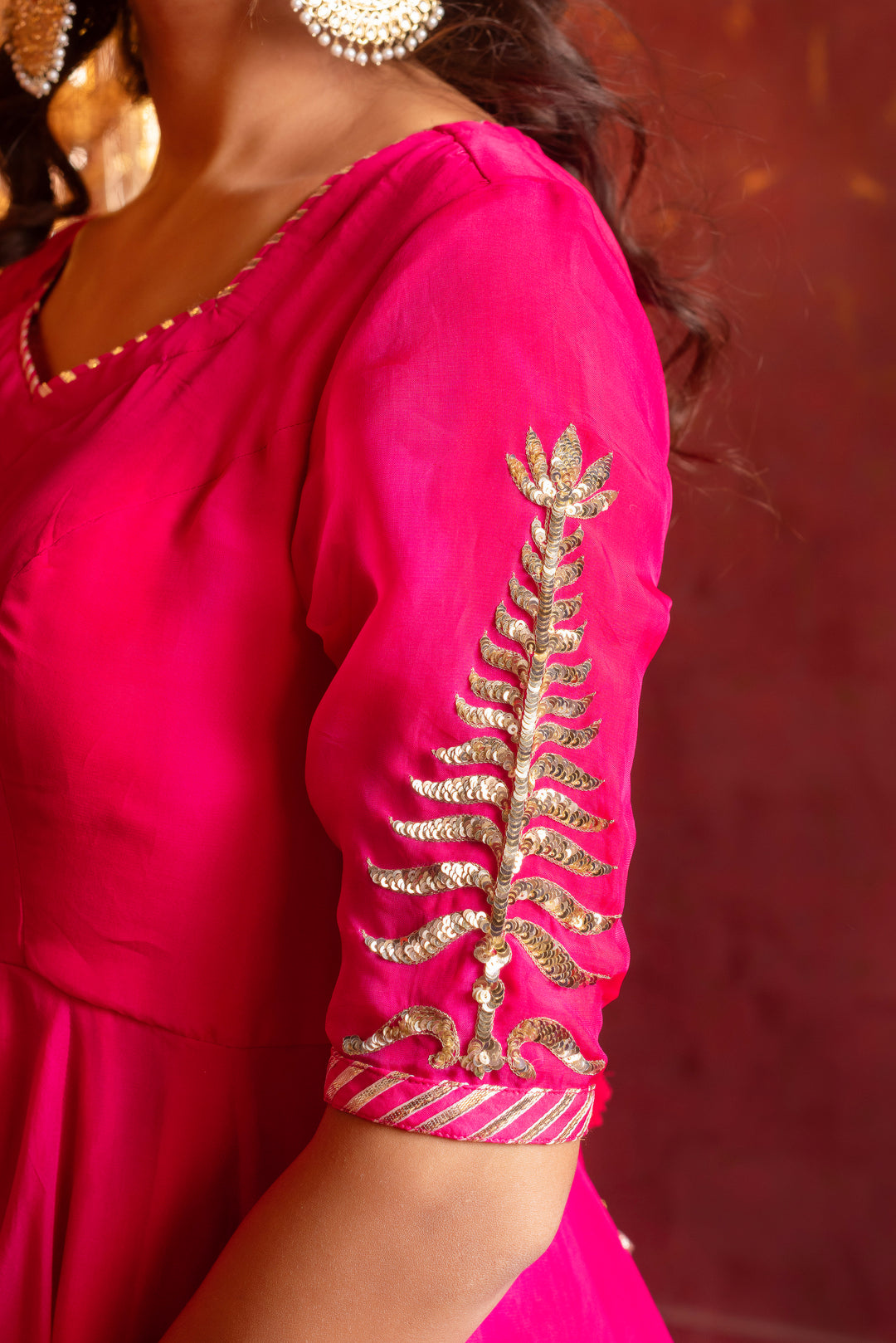 GULFIZAN RANI PINK PATAKA HAND-WORK ORGANZA ANARKALI SUIT SET WITH ORGANZA DUPATTA