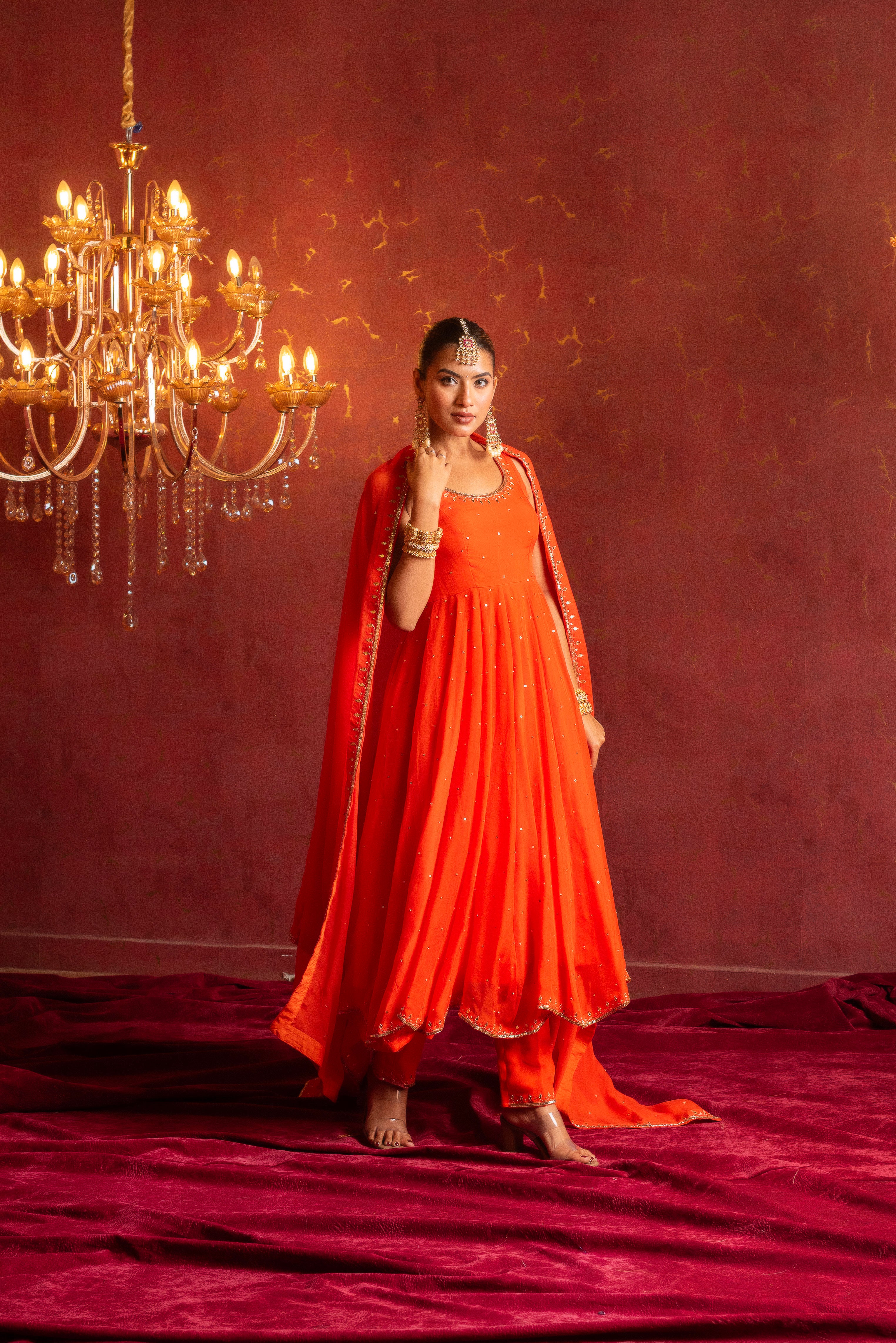 GULFIZAN KESARIYA ORANGE ORGANZA TAARI SEQUIN HANDWORK ANARKALI SUIT SET WITH ORGANZA HAND-WORK DUPATTA