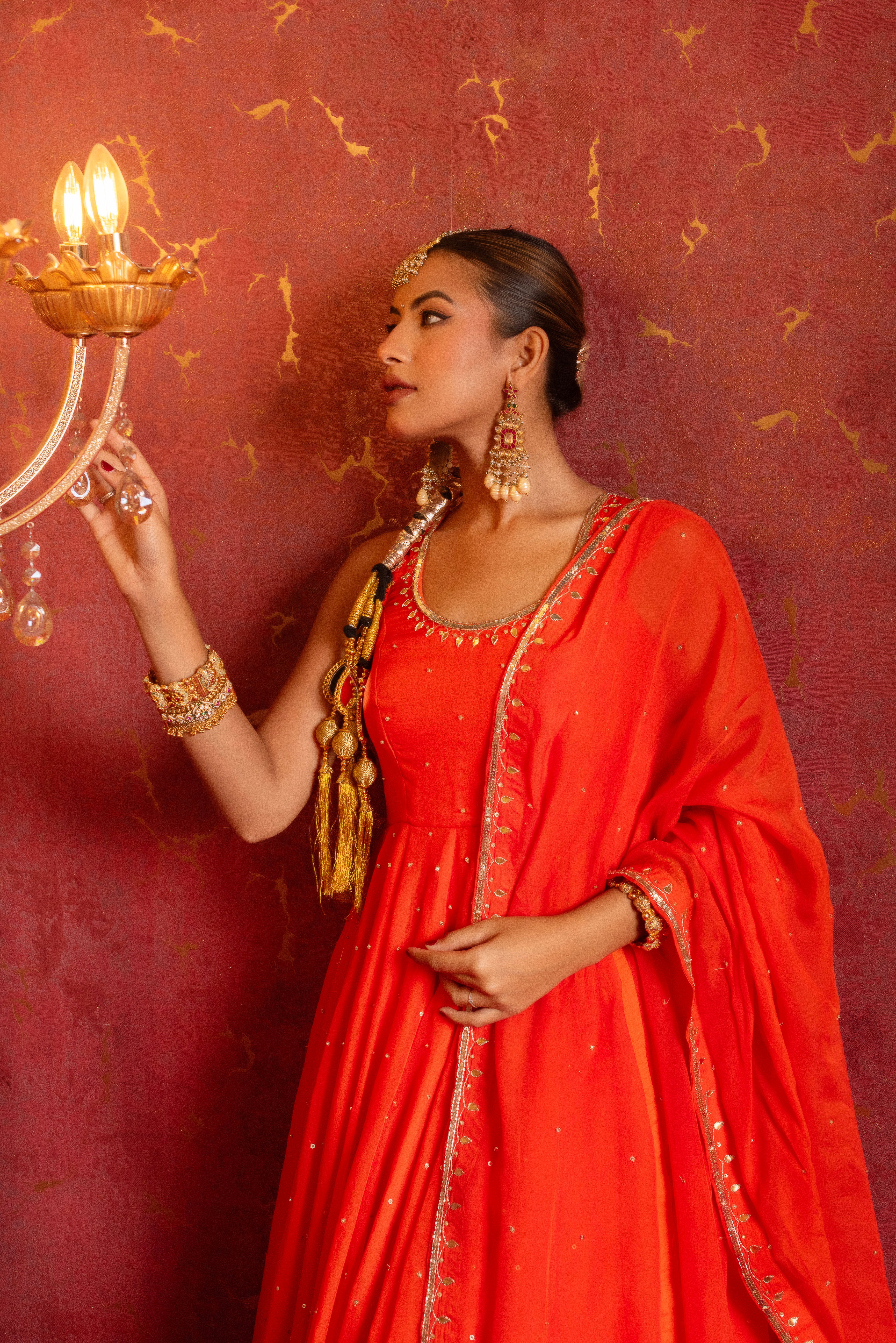 GULFIZAN KESARIYA ORANGE ORGANZA TAARI SEQUIN HANDWORK ANARKALI SUIT SET WITH ORGANZA HAND-WORK DUPATTA