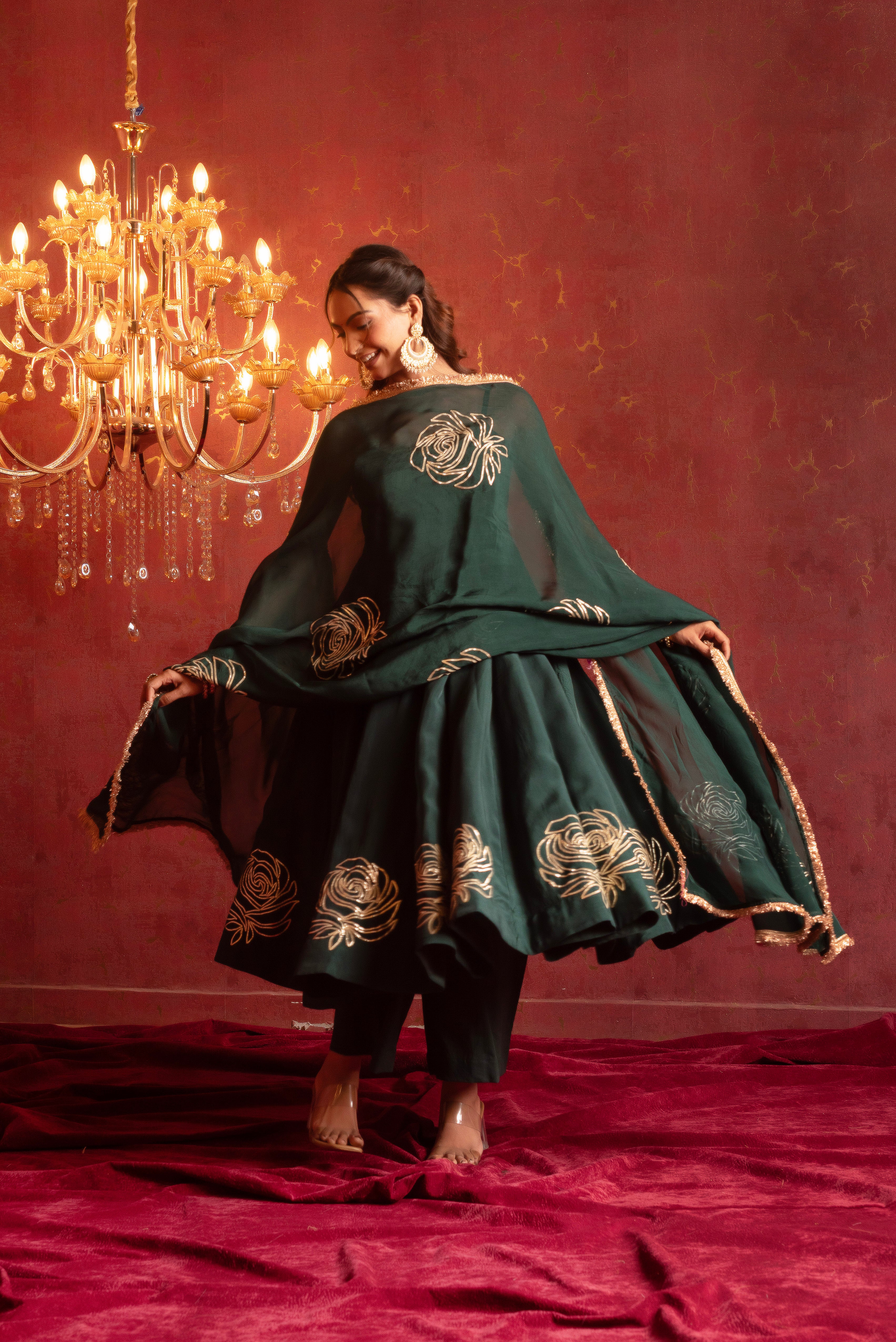 GULFIZAN GOLD ROSE EMERALD GOTA PATTI  ANARKALI SET WITH ORGANZA DUPATTA