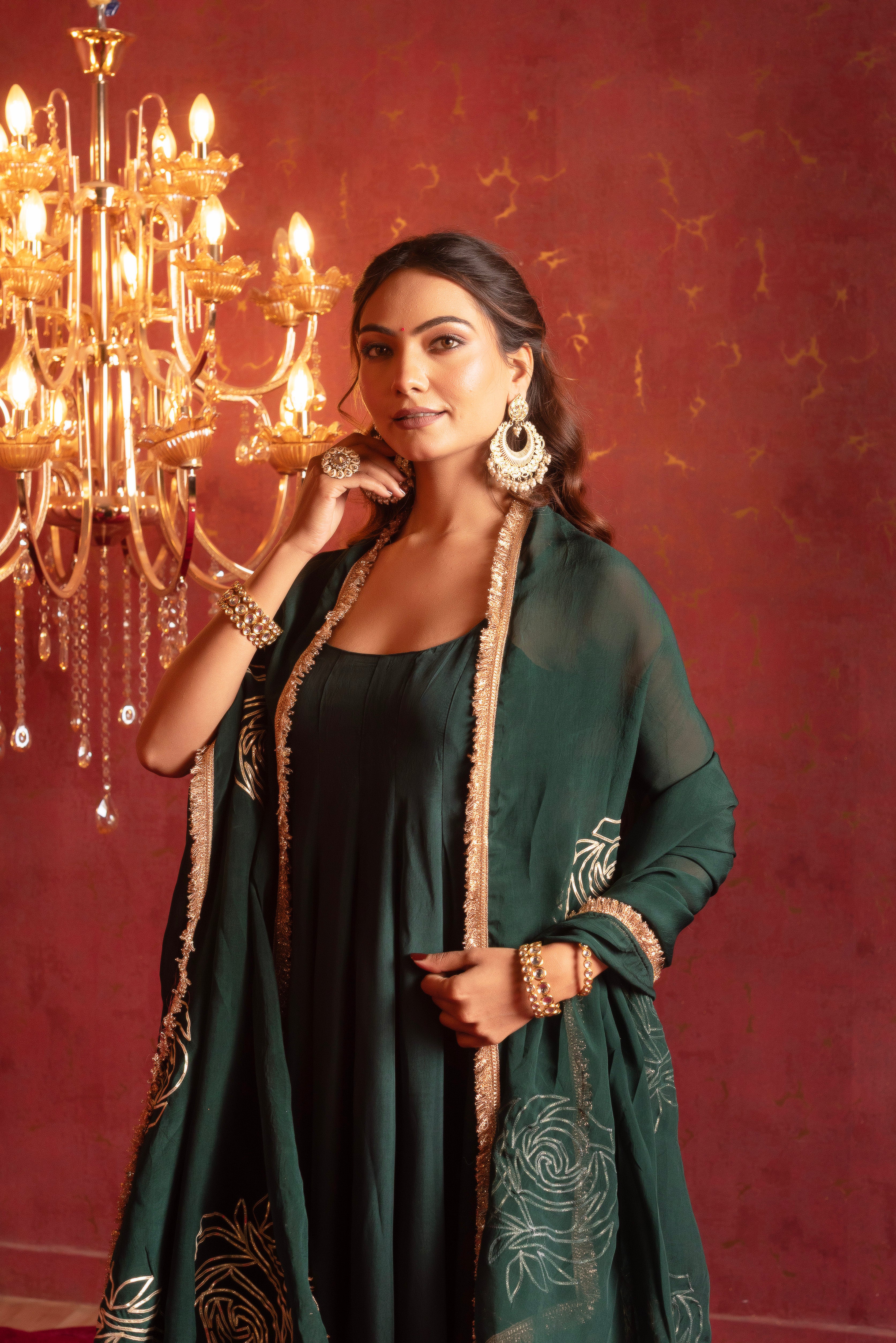 GULFIZAN GOLD ROSE EMERALD GOTA PATTI  ANARKALI SET WITH ORGANZA DUPATTA