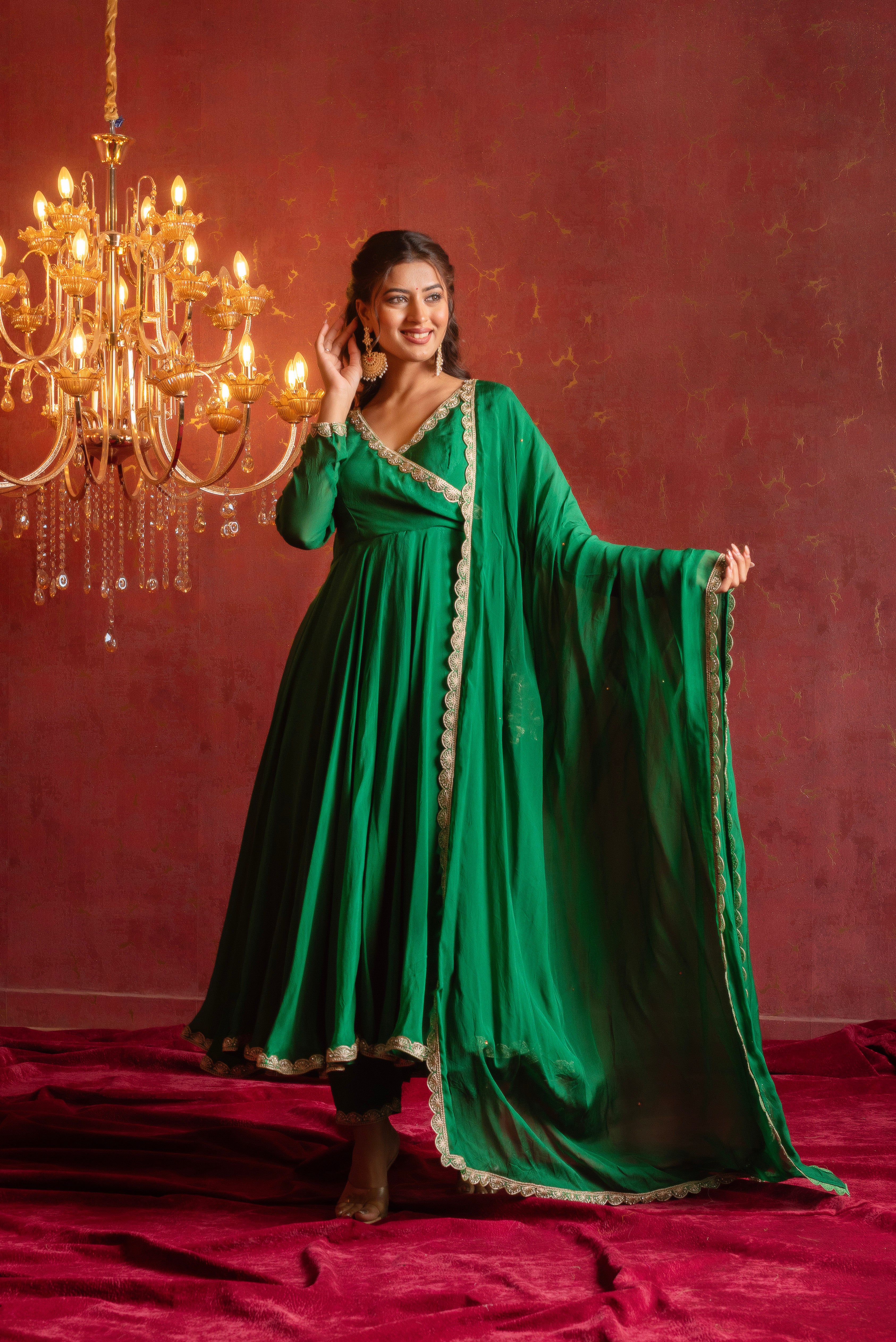GULFIZAN HARIYALI GREEN ORGANZA ANGRAKHA SET WITH ORGANZA DUPATTA