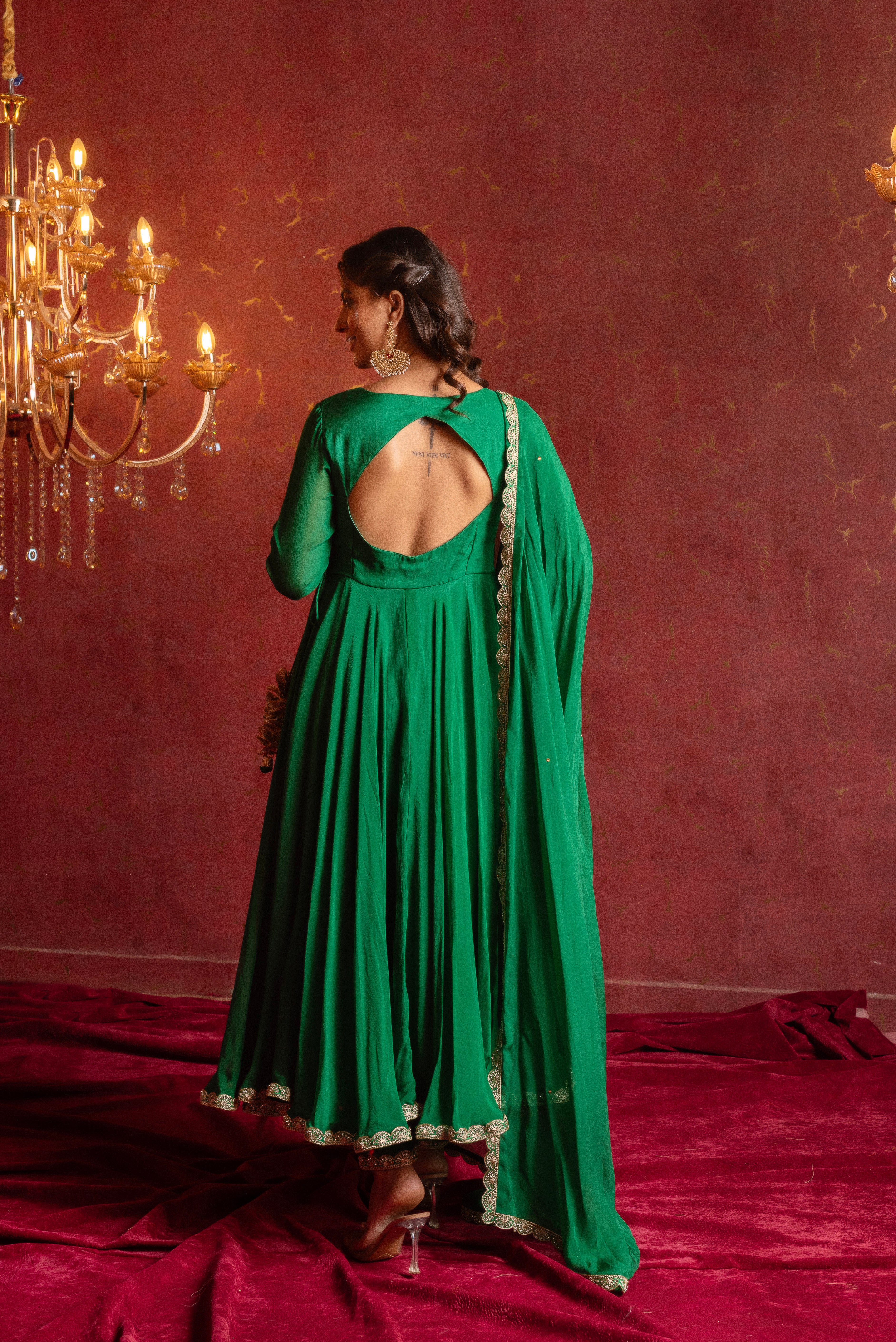 GULFIZAN HARIYALI GREEN ORGANZA ANGRAKHA SET WITH ORGANZA DUPATTA