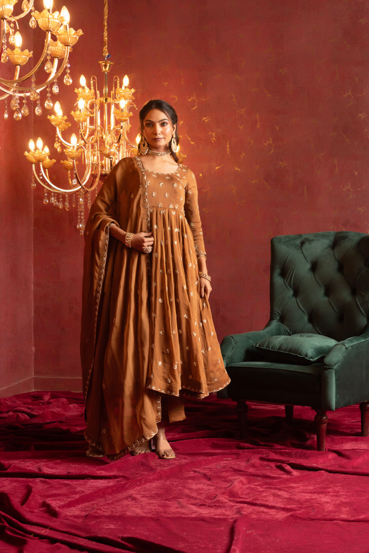 GULFIZAN AMBER GLOW ZARDOZI WORK ANARKALI SETS WITH ZARDOZI WORK DUPATTA