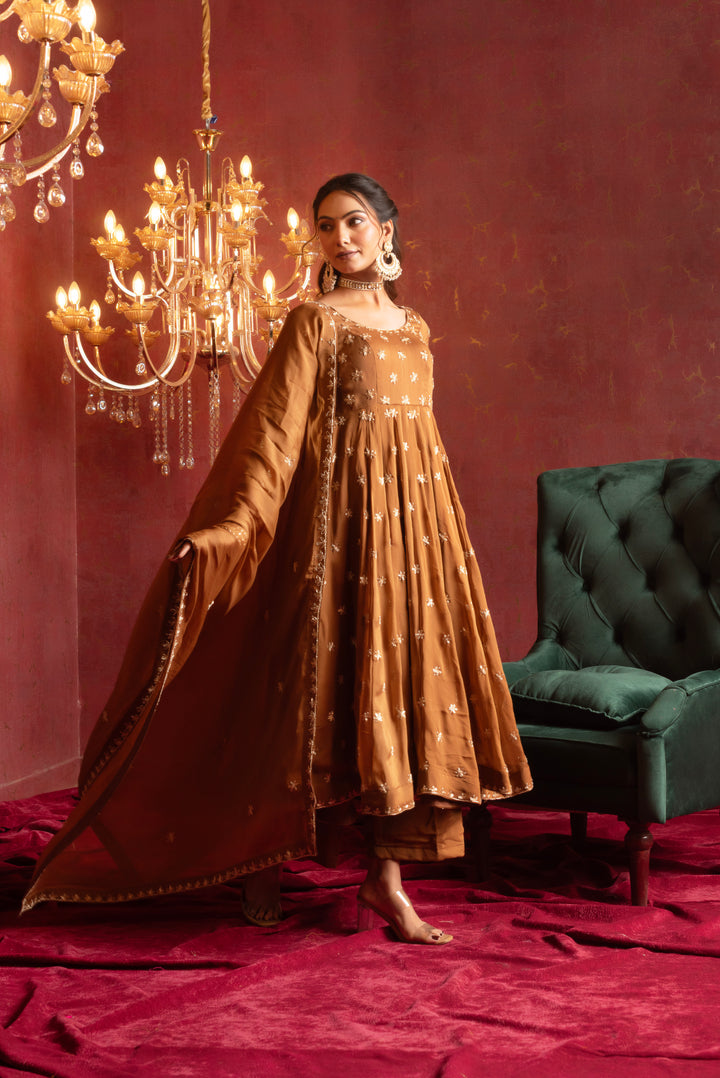 GULFIZAN AMBER GLOW ZARDOZI WORK ANARKALI SETS WITH ZARDOZI WORK DUPATTA