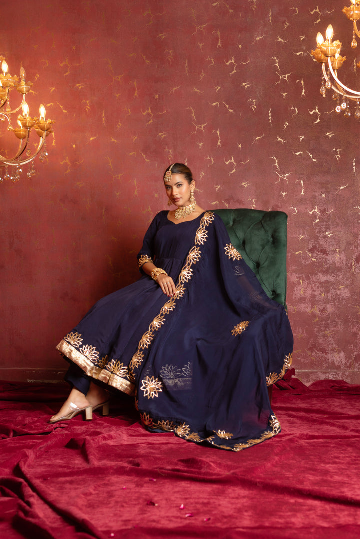 GULFIZAN ORGANZA ROYAL BLUE GOTA PHOOL HANDWORK ANARKALI SET WITH ORGANZA DUPATTA