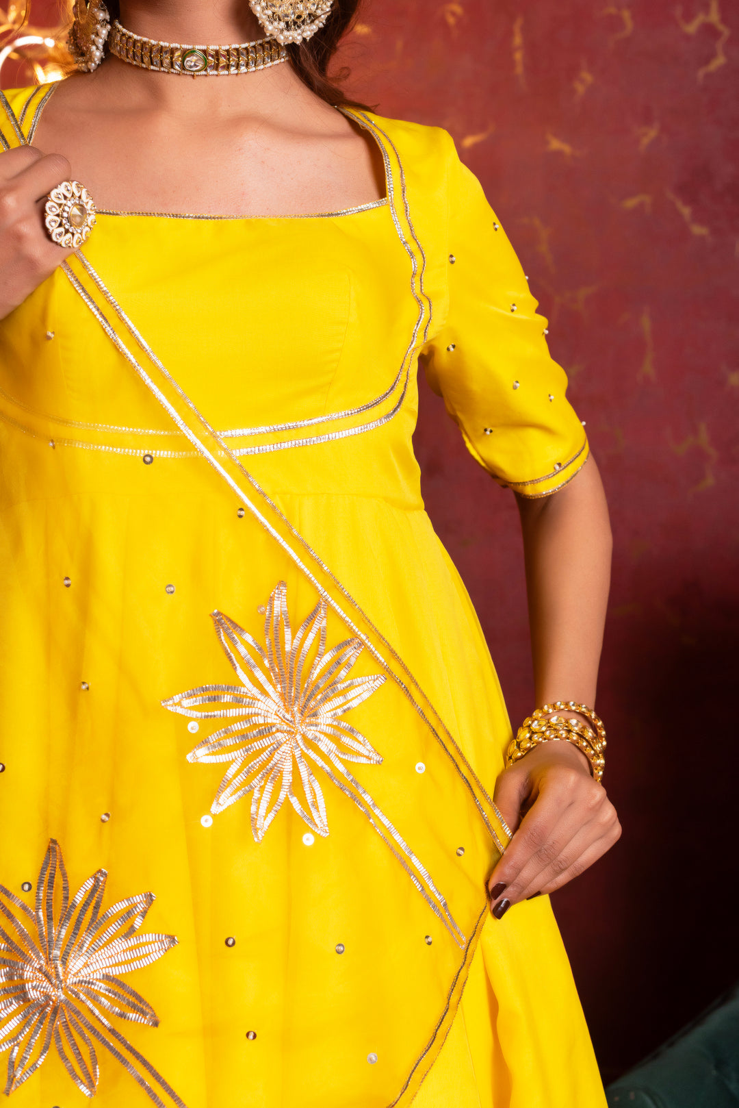 GULFIZAN BASANTI PEELA ORGANZA GOTA-PATTI ANARKALI SUIT SET WITH ORGANZA DUPATTA