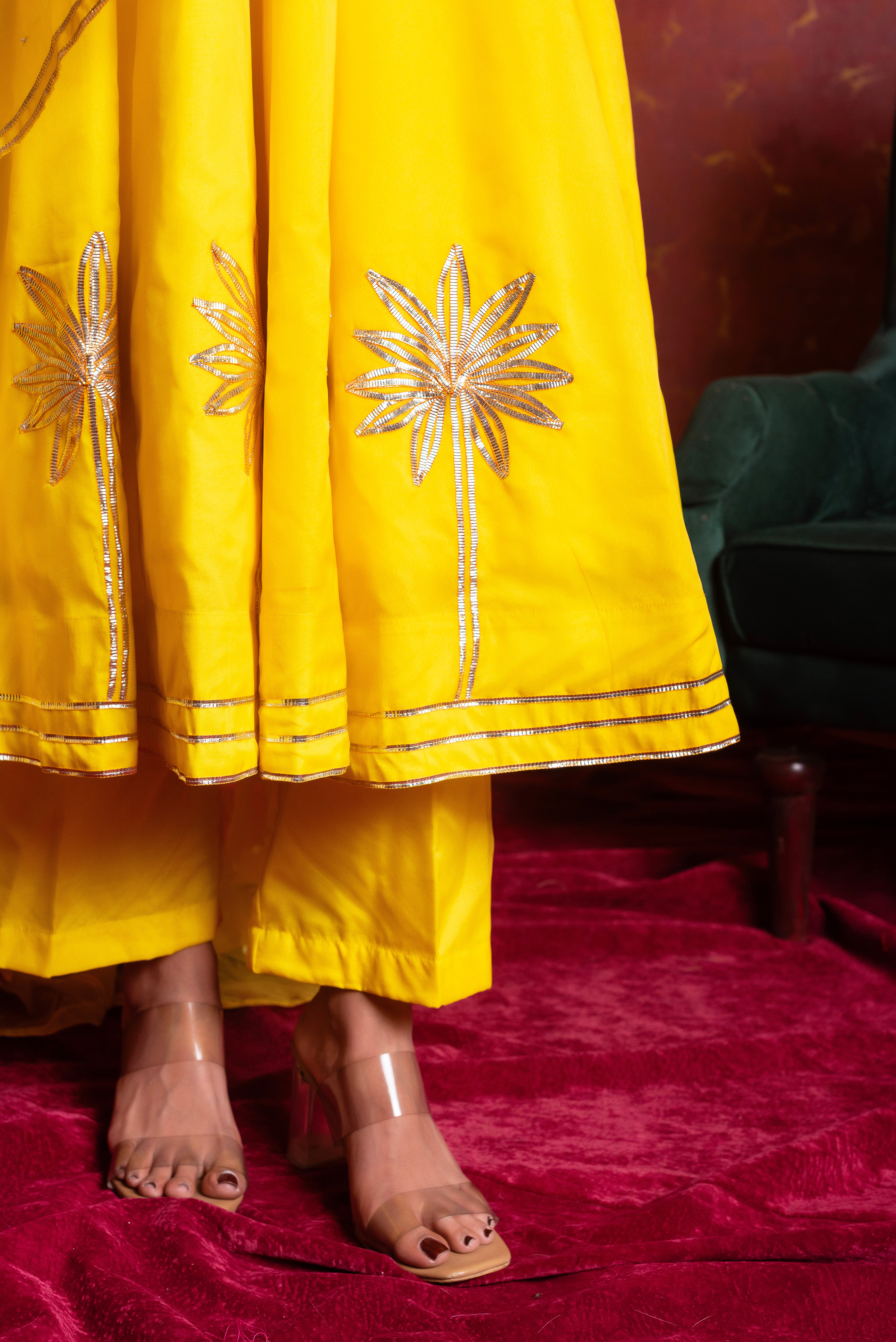 GULFIZAN BASANTI PEELA ORGANZA GOTA-PATTI ANARKALI SUIT SET WITH ORGANZA DUPATTA