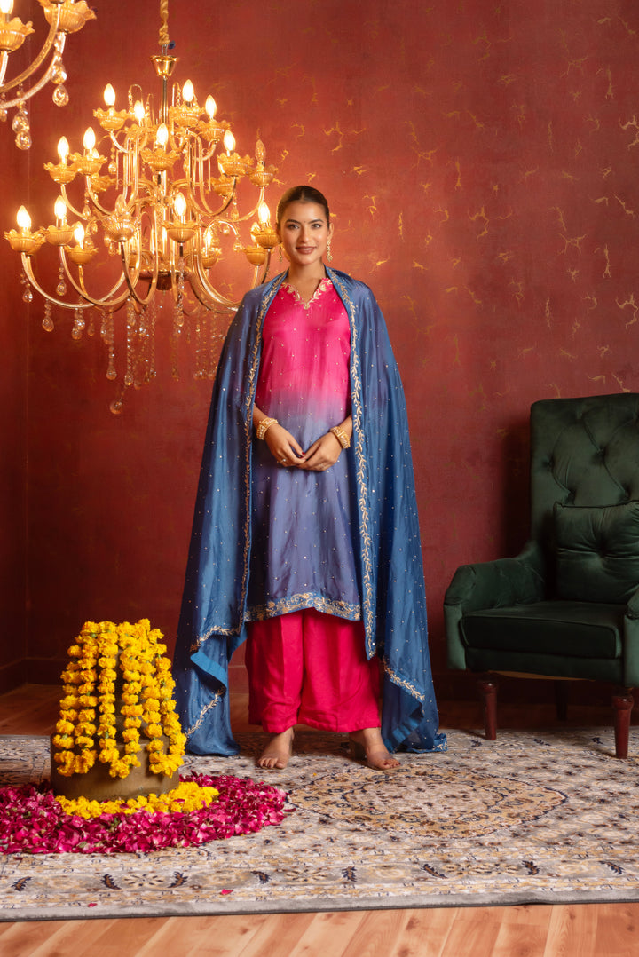 GULFIZAN SILK TWO TONE ZARDOZI AND AARI TARI HAND WORK  STRAIGHT SUIT SET WITH SILK DUPATTA